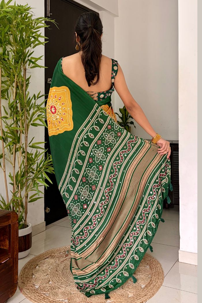 Buy MySilkLove Leaf Green Ajrakh Satin Printed Mirror Work Saree Online
