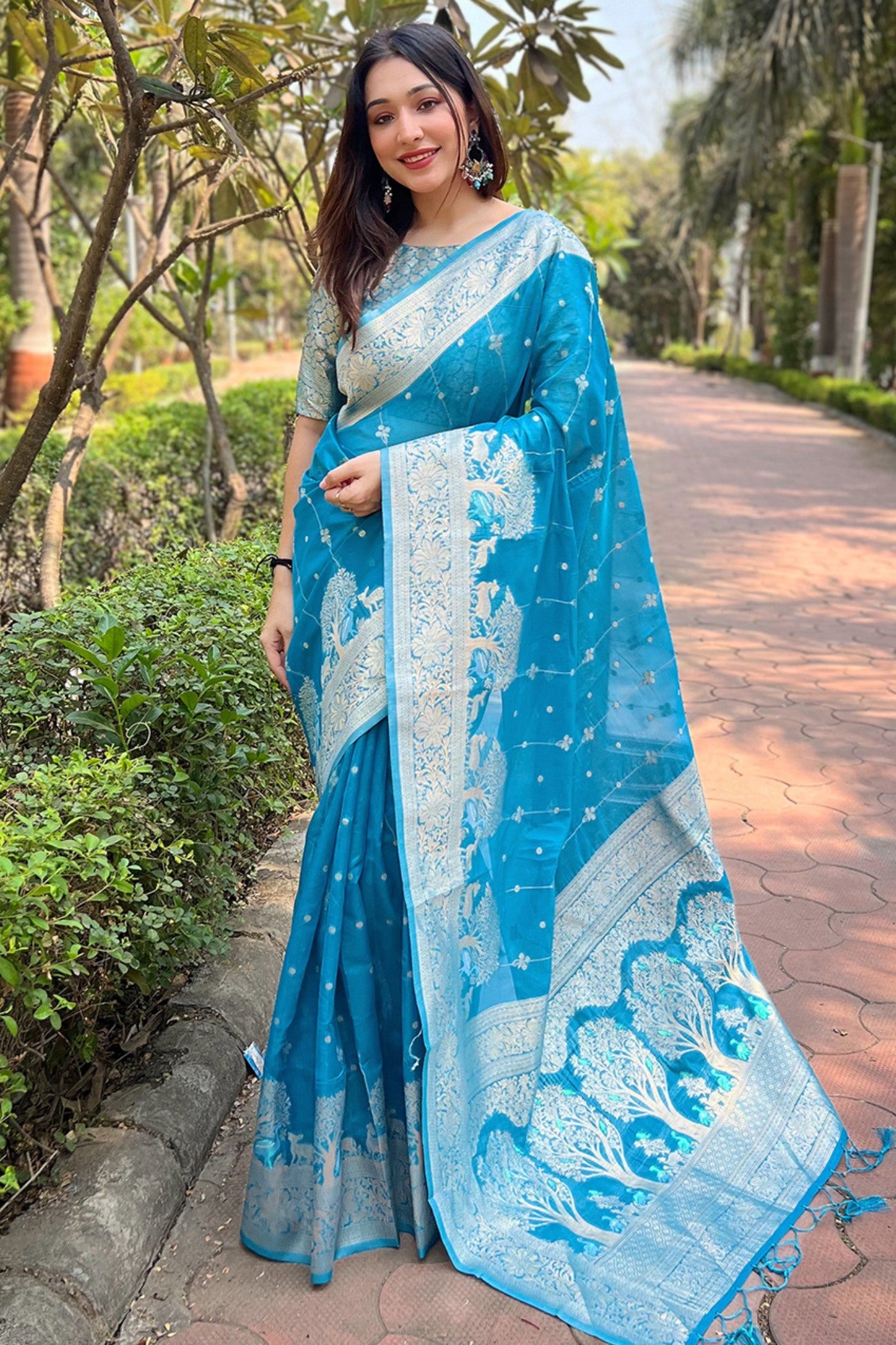 Buy MySilkLove Winter Sky Blue Woven Organza Saree Online