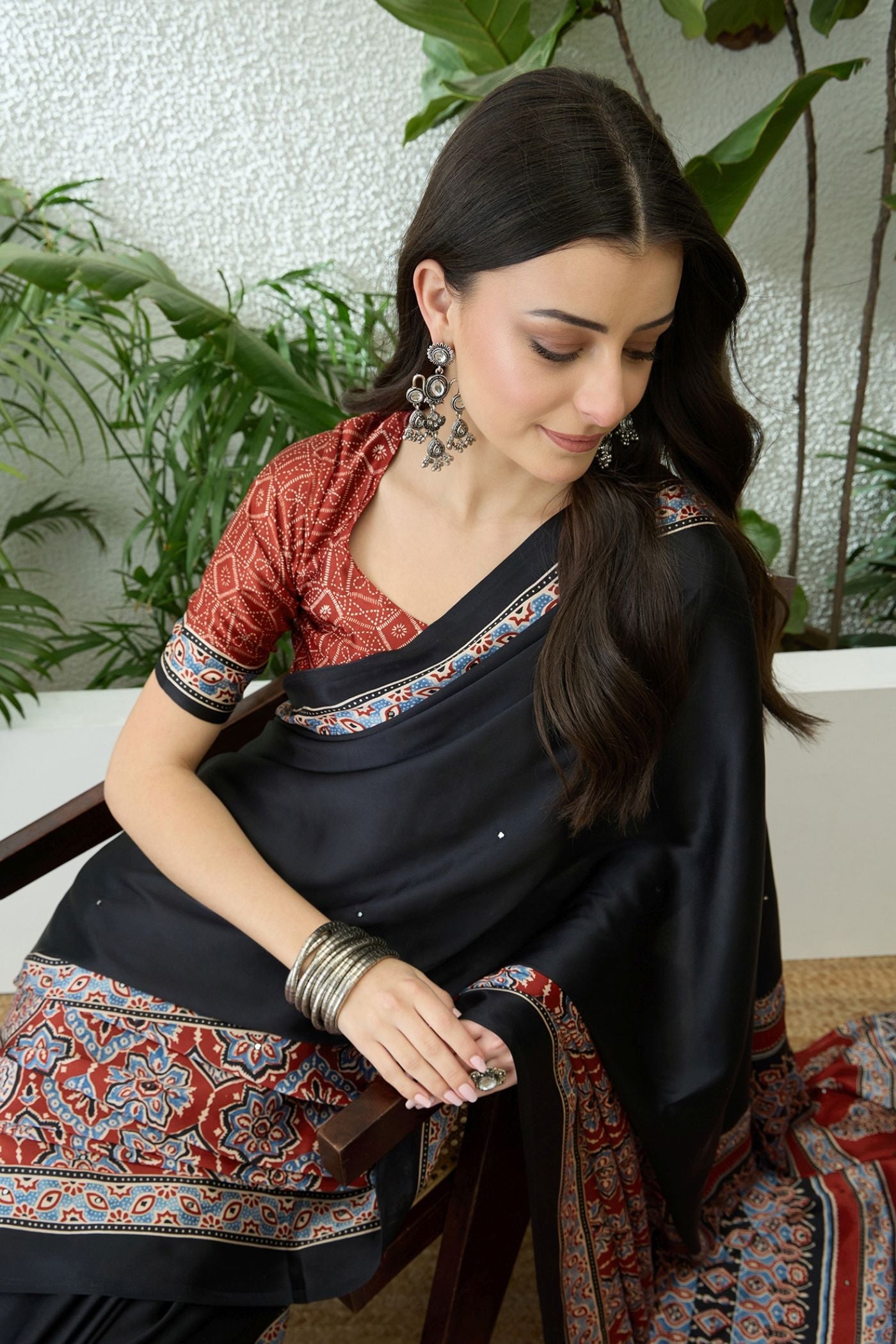 Buy MySilkLove Jet Black and Red Modal Ajrakh Satin Printed Silk Saree Online