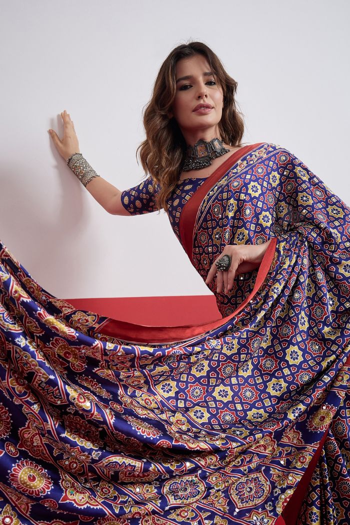 Buy MySilkLove Azure Blue Modal Ajrakh Satin Printed Mirror Work Saree Online