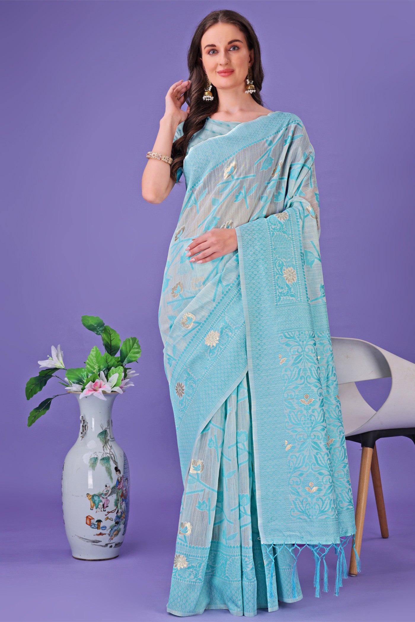 Buy MySilkLove Water Blue Linen Cotton Saree Online