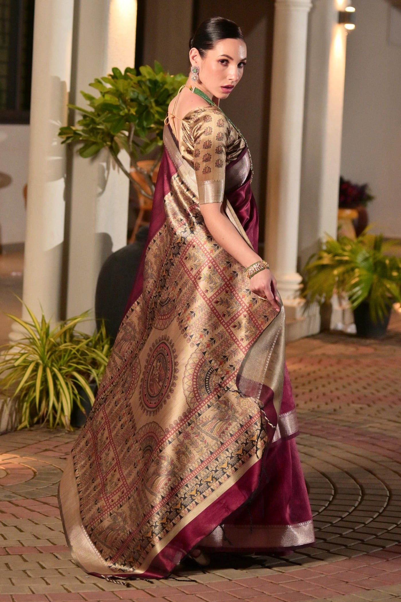 Buy MySilkLove Dark Tan Maroon Tussar Silk Saree Online