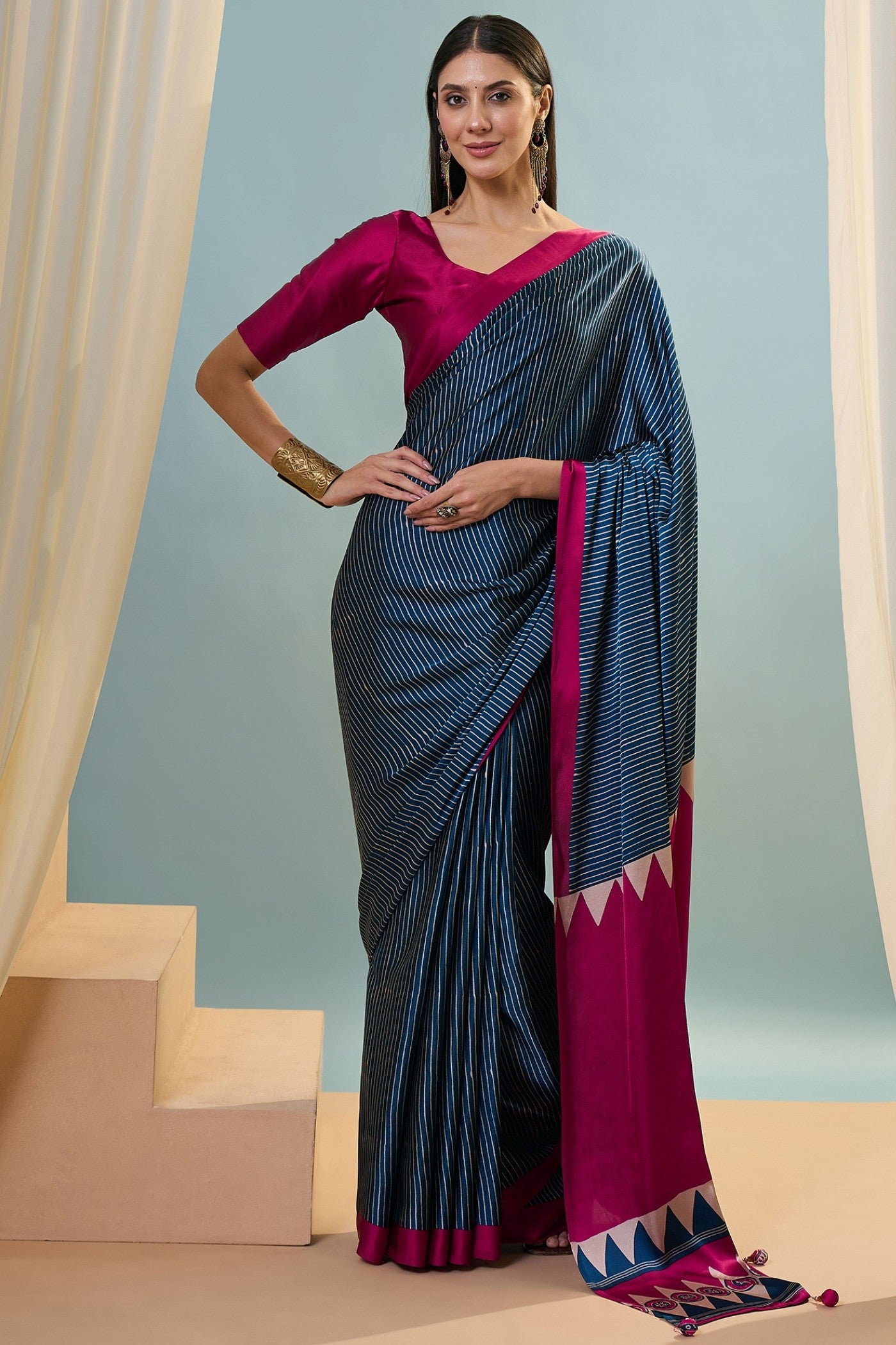 Buy MySilkLove Oxford Blue Ajrakh Printed Satin Crepe Silk Saree Online