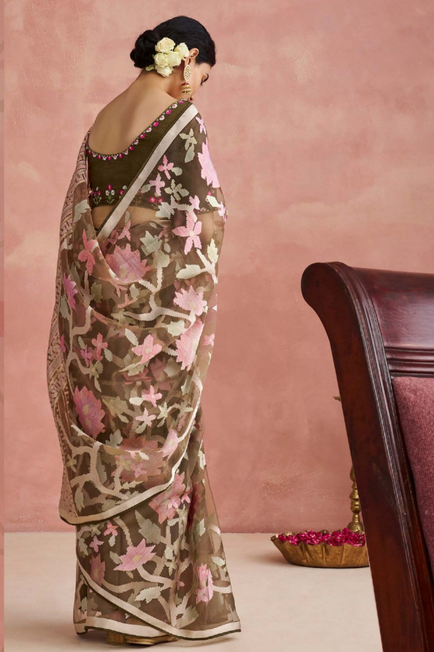 Buy MySilkLove Shingle Fawn Brown Brasso Organza Printed Saree Online