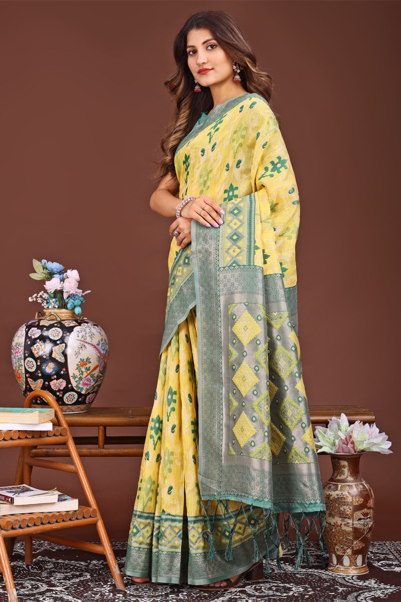 MySilkLove Safety Yellow Woven Linen Cotton Saree