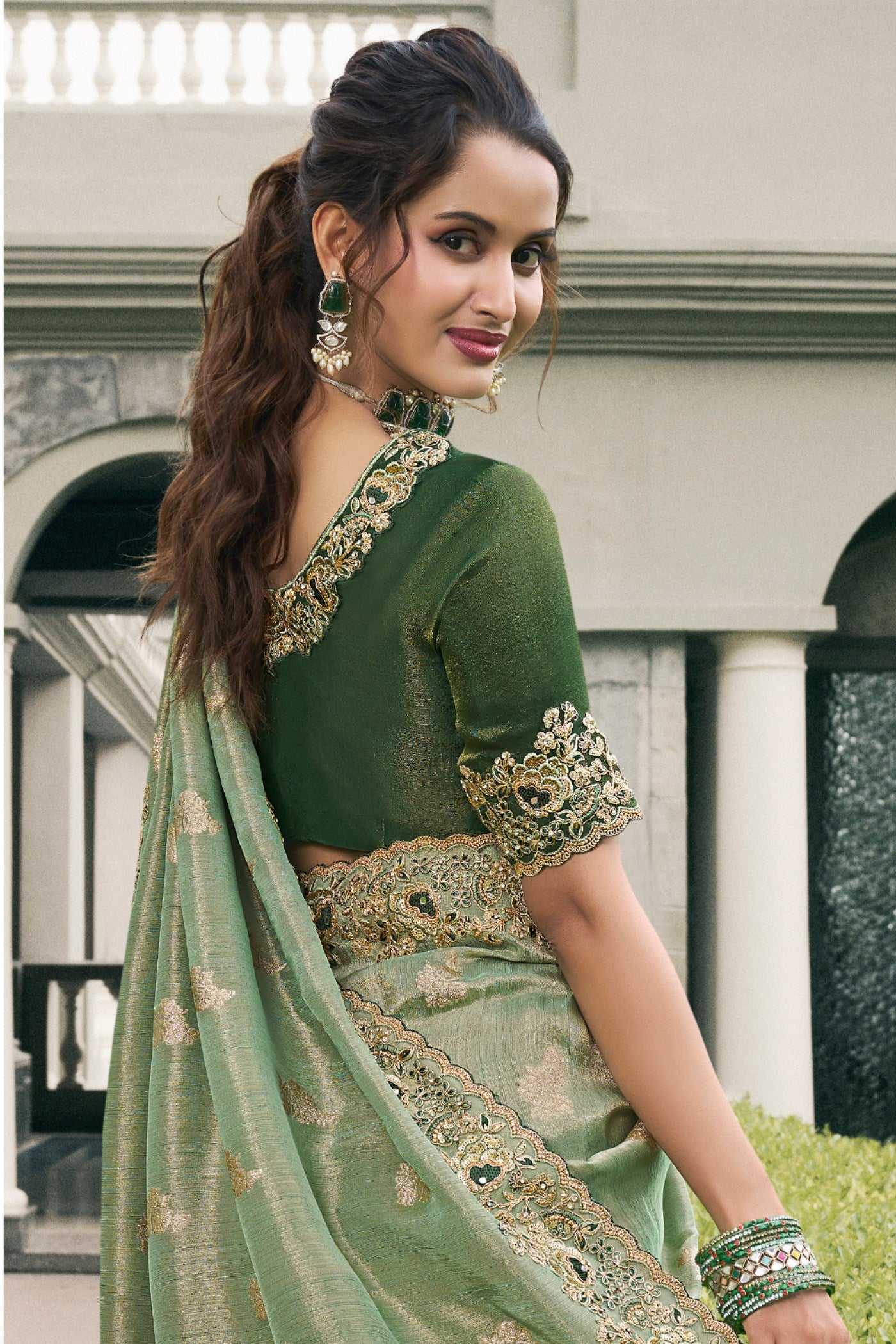 Buy MySilkLove Tallow Green Banarasi Designer Embroidered Saree Online