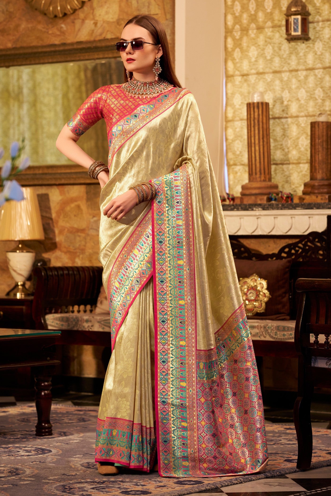 Buy MySilkLove Almond Beige Zari Woven Tissue Silk Saree Online