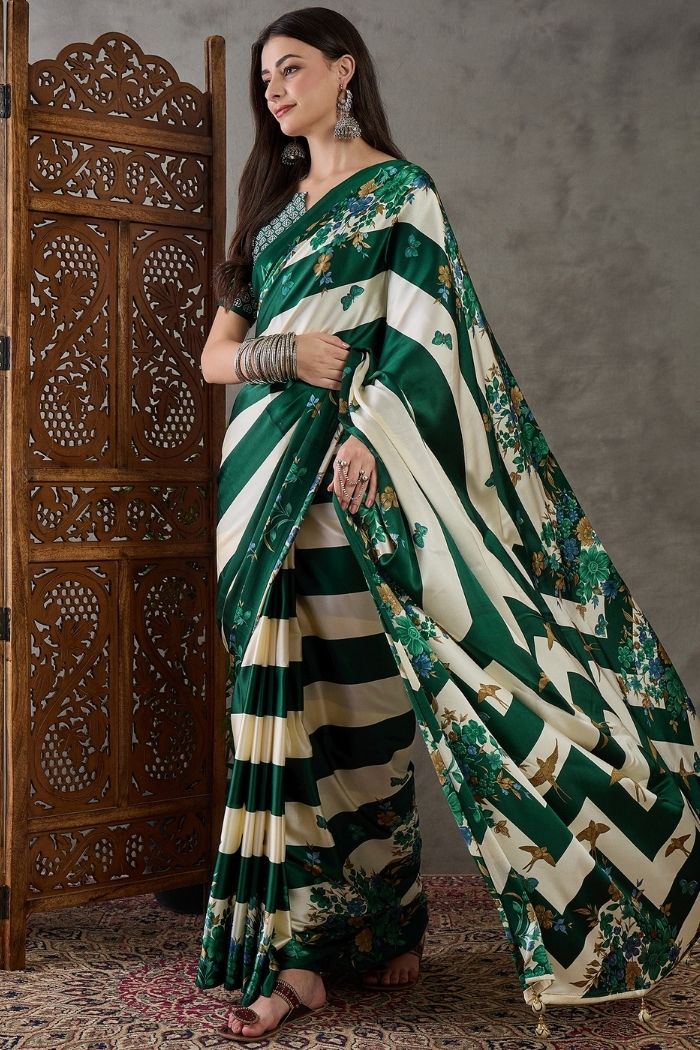 Buy MySilkLove Tree Green Stripe Printed Floral Satin Gaji Silk Saree Online