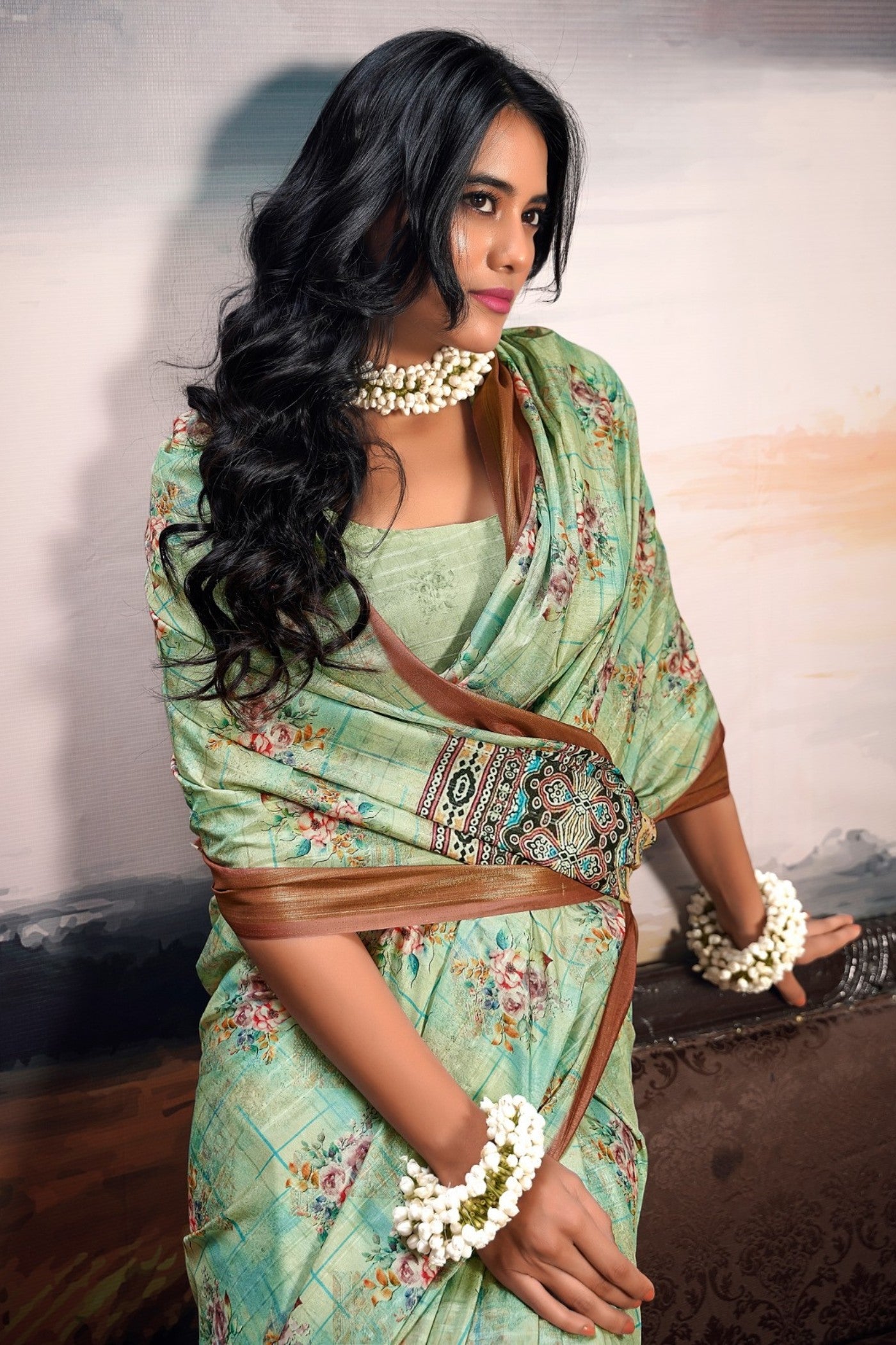 Buy MySilkLove Coriander Green Digital Printed Cotton Saree Online