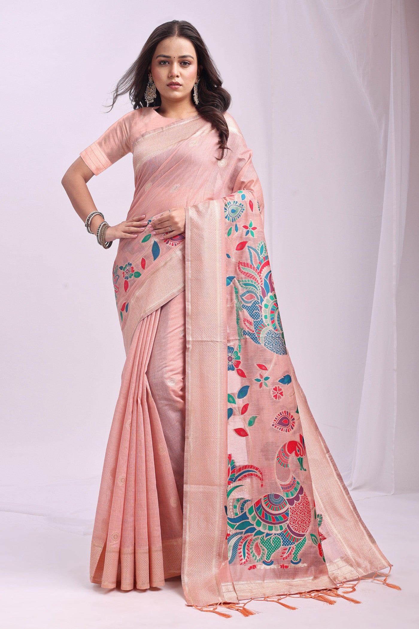 Buy MySilkLove Melon Peach Woven Linen Cotton Saree Online