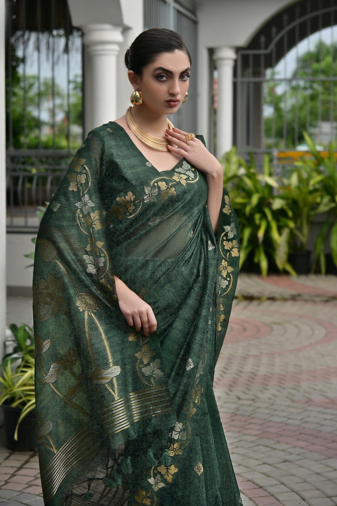 Buy MySilkLove Opal Green Floral Linen Silk Saree Online