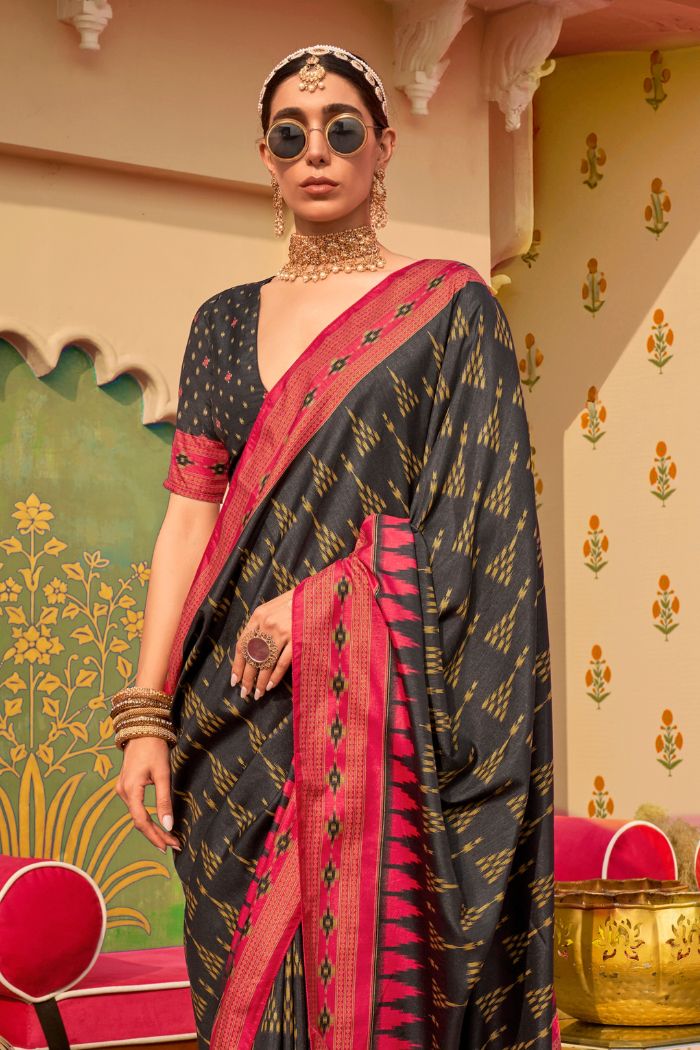 Buy MySilkLove Black Paper Printed Banarasi Soft Silk Saree Online