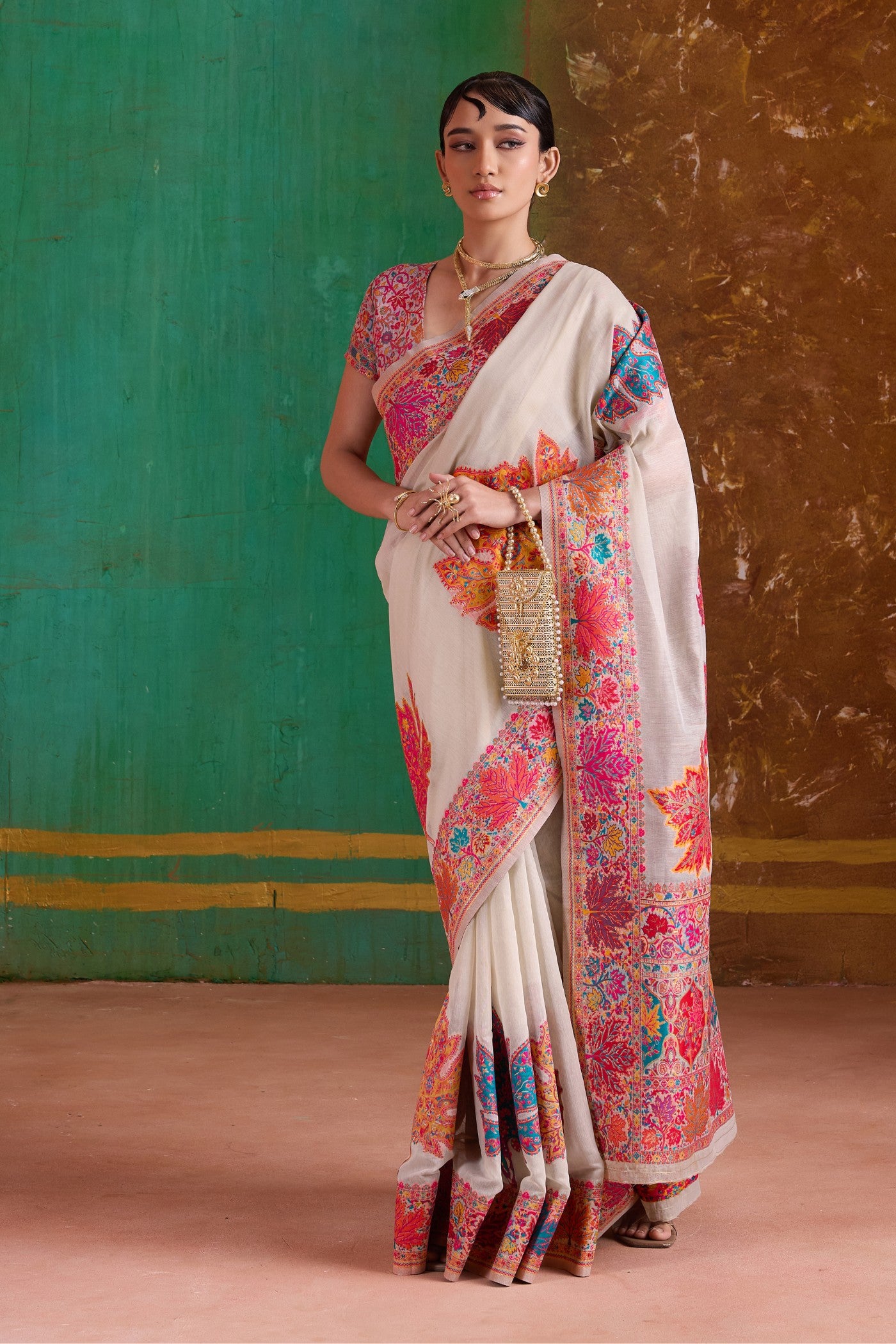 Buy MySilkLove Eggshell White Kashmiri Handloom Jamewar Saree Online