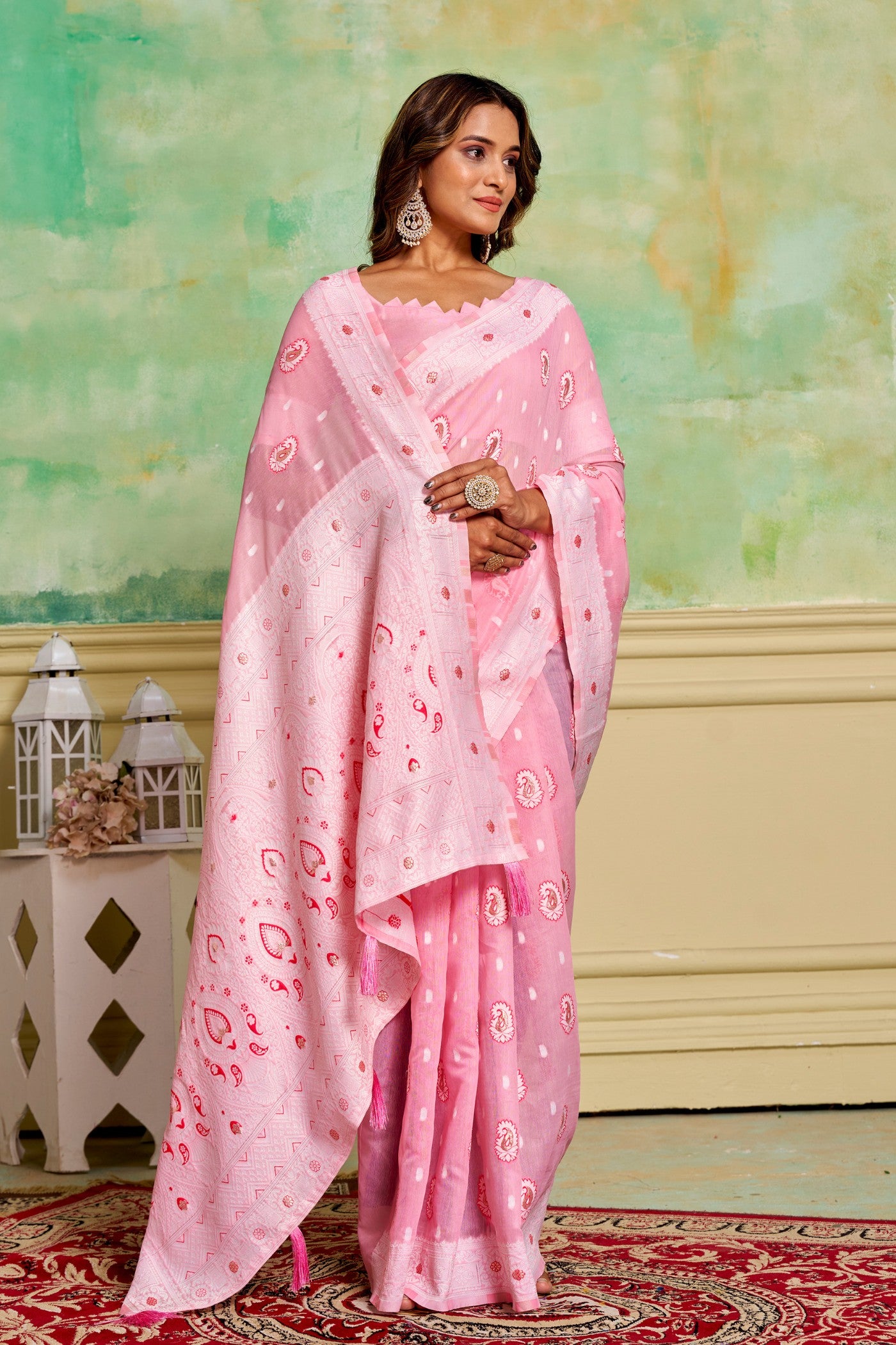 Buy MySilkLove Pastel Pink Woven Cotton Saree Online