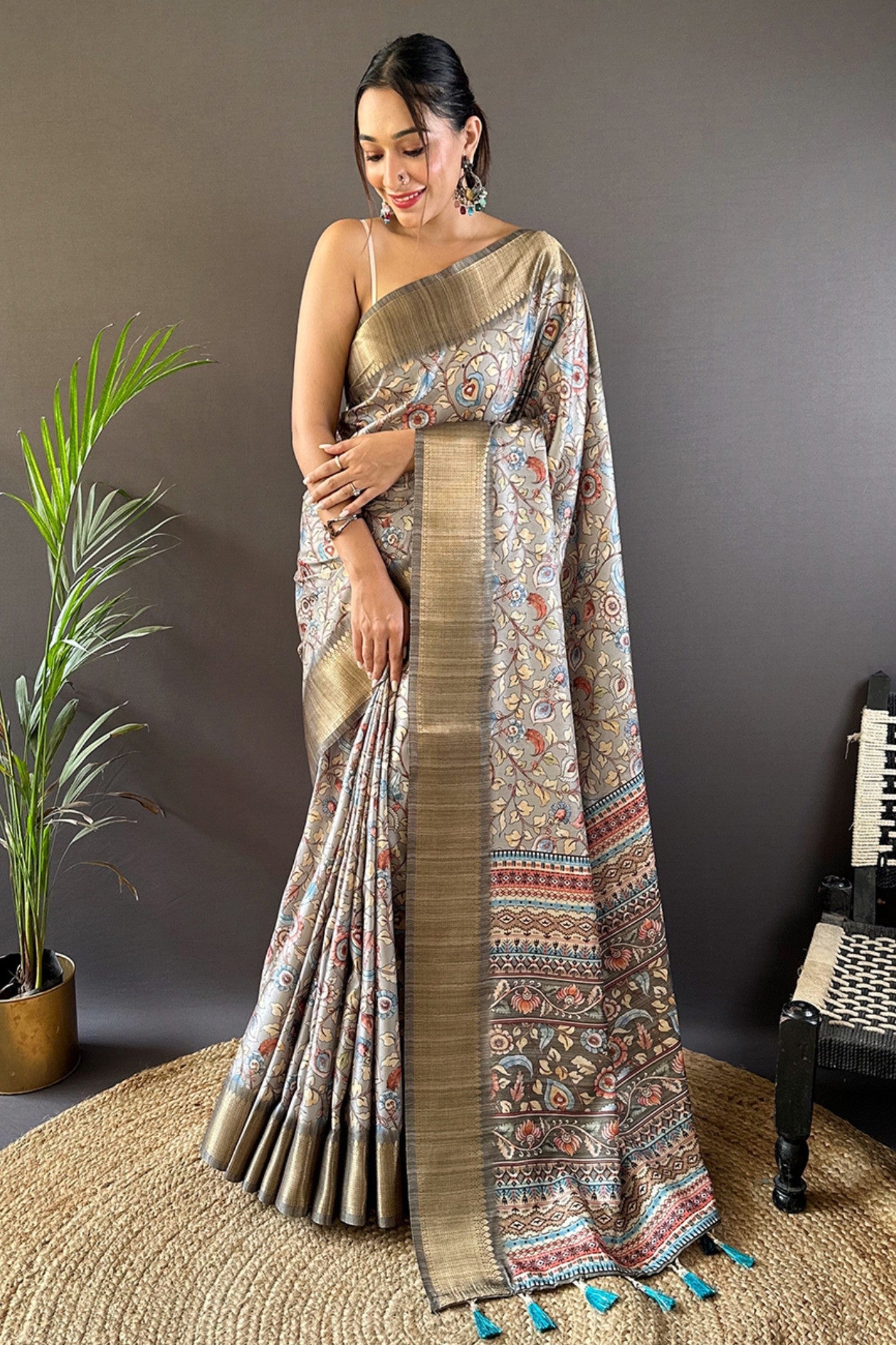 Buy MySilkLove Smokey Grey Printed Tussar Silk Saree Online