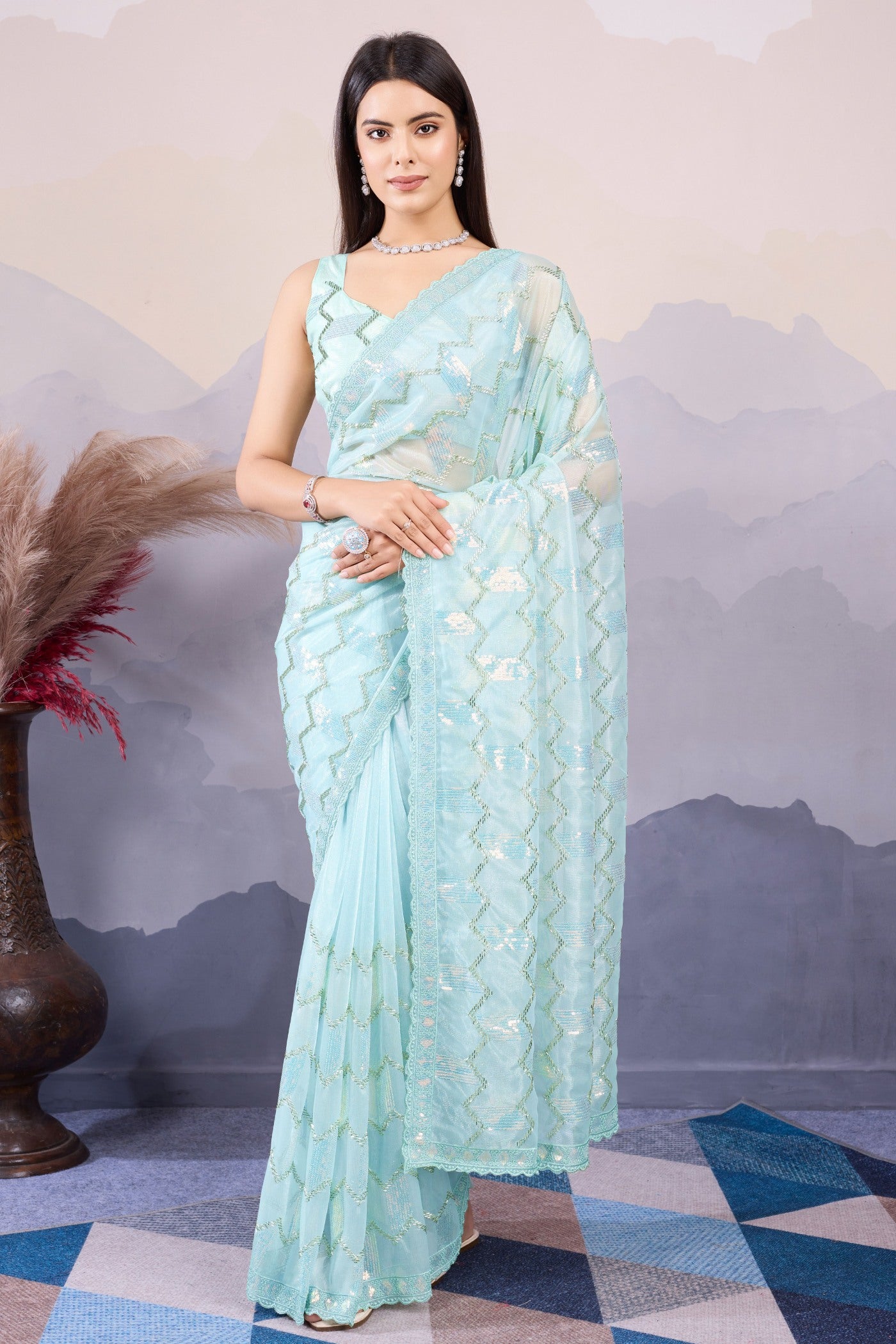 Buy MySilkLove Sky Blue Designer Partywear Saree Online