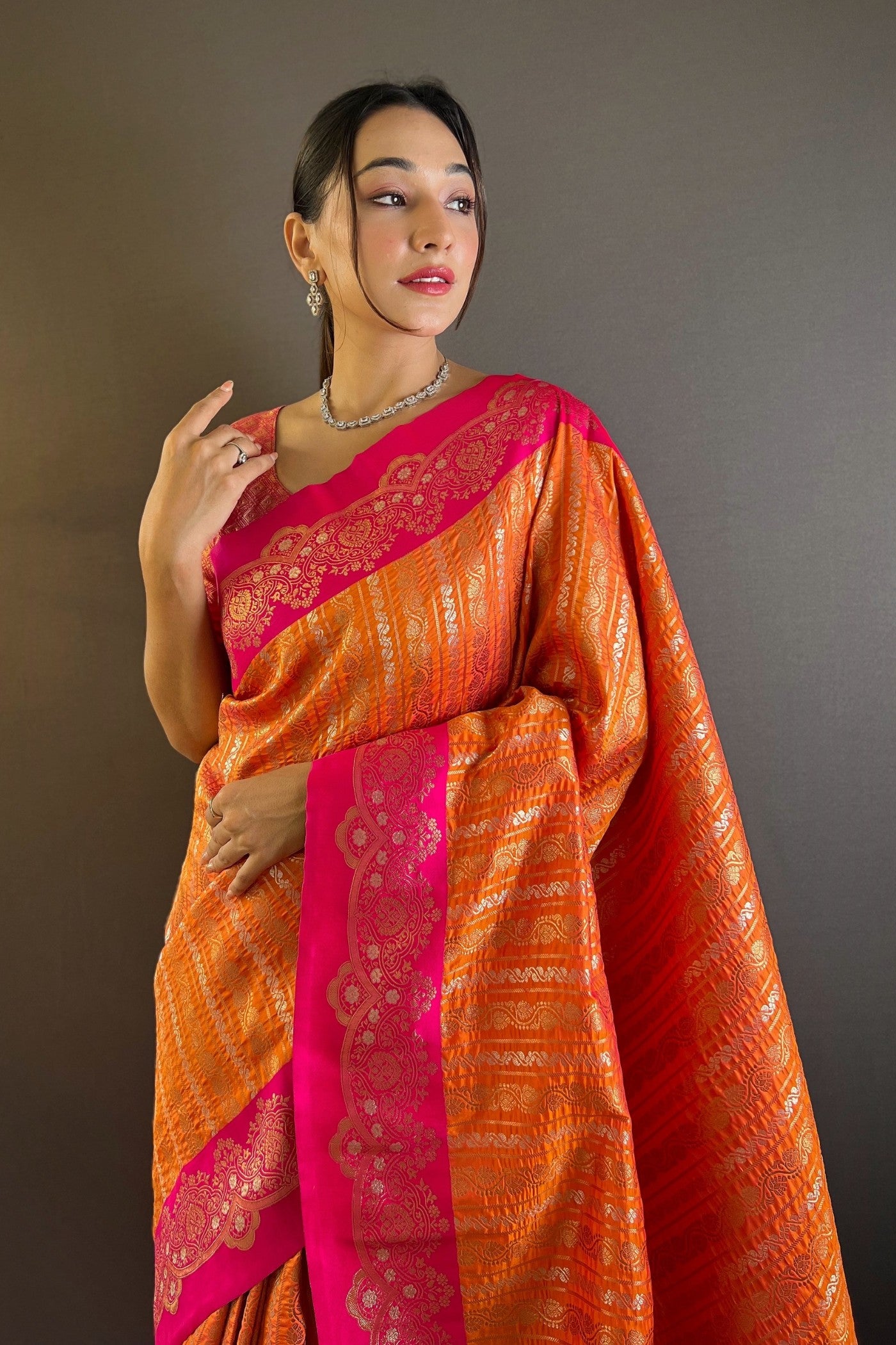 Buy MySilkLove Salmon Orange Zari Woven Banarasi Saree Online