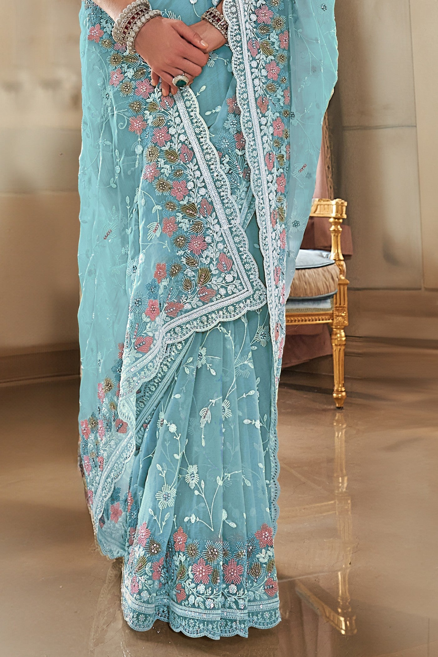 Buy MySilkLove Gumbo Blue Embroidery Designer Saree Online