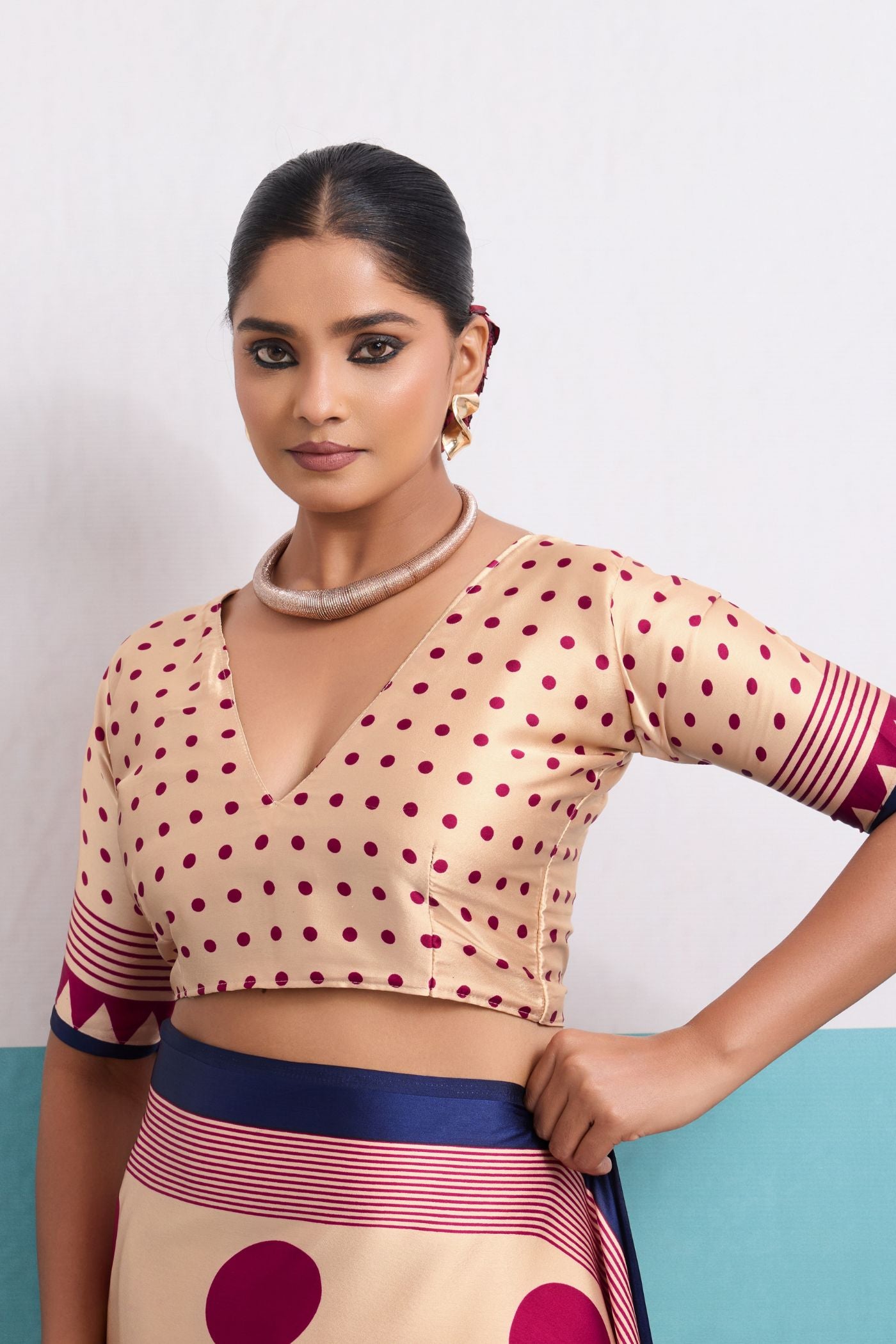 Buy MySilkLove Grace Cream and Pink Polka Dots Satin Crepe Saree Online