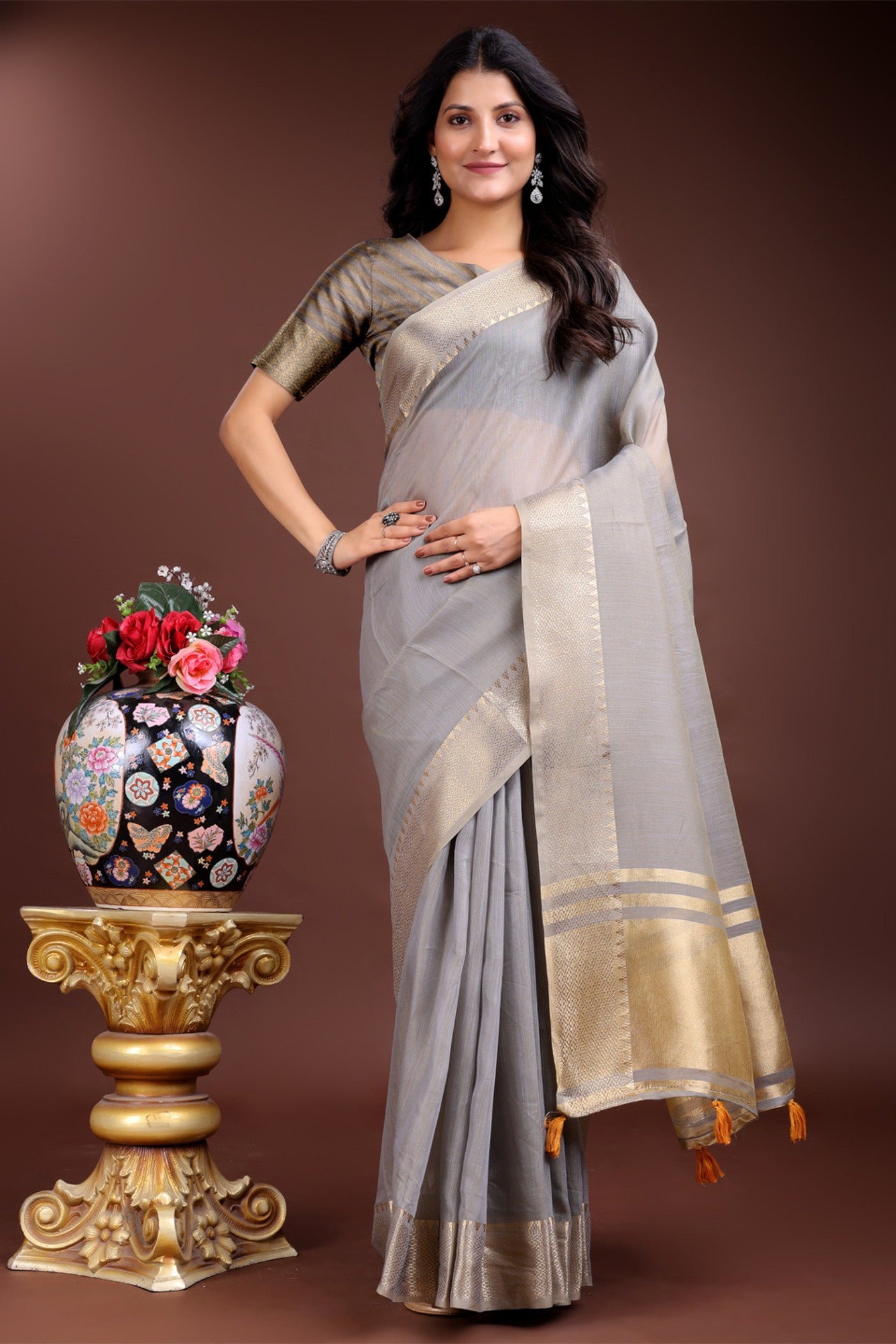 Buy MySilkLove Cloud Grey Woven Cotton Saree Online