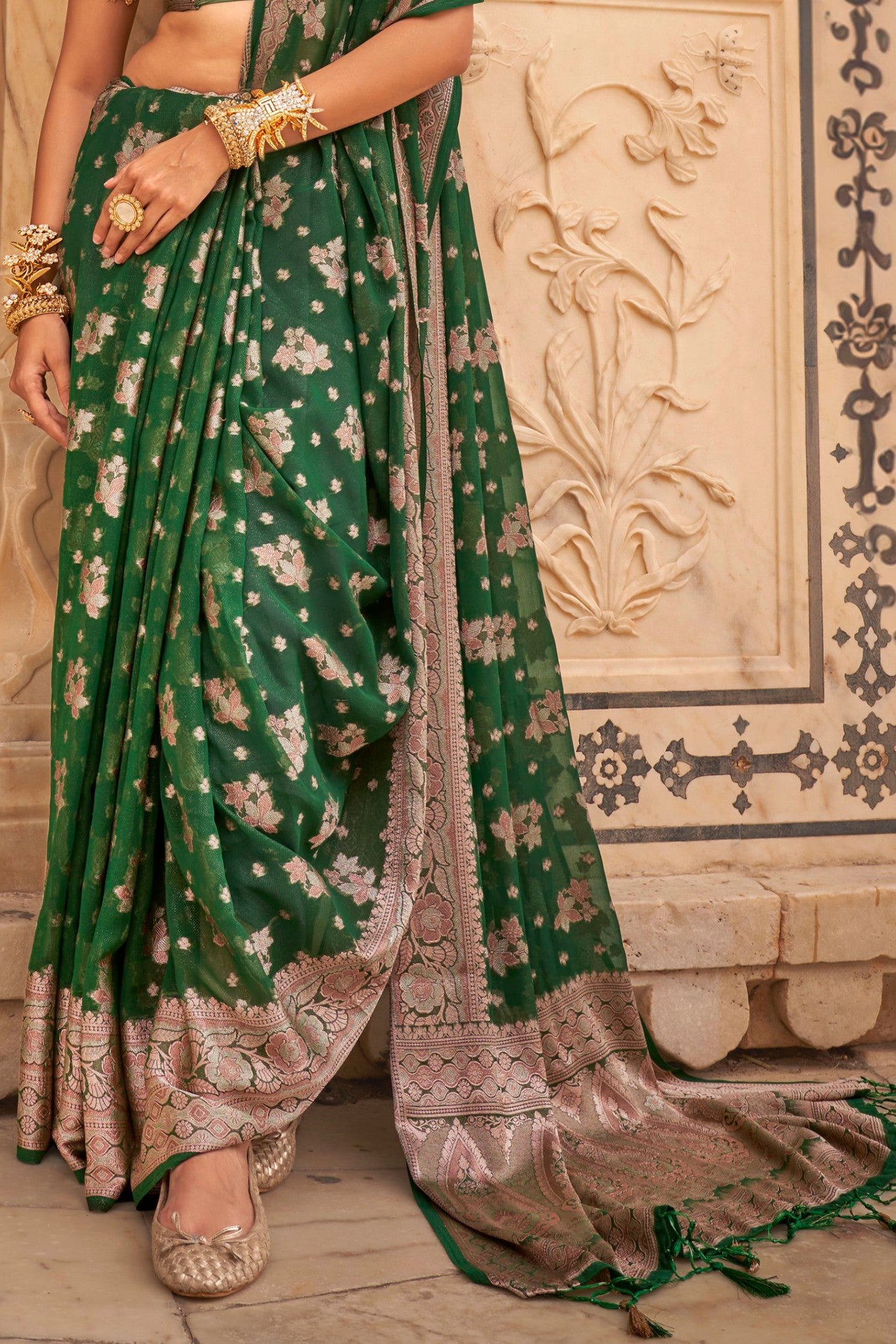 Buy MySilkLove Dark Clover Green Zari Woven Georgette Saree Online