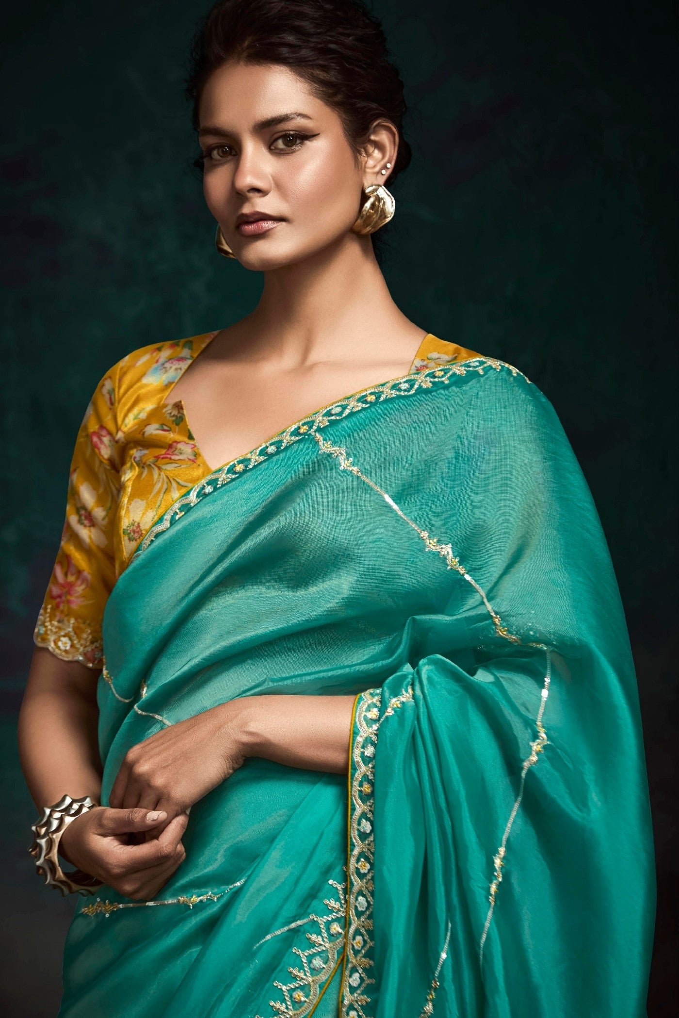 MySilkLove Ocean Green Embroidered Tissue Designer Saree