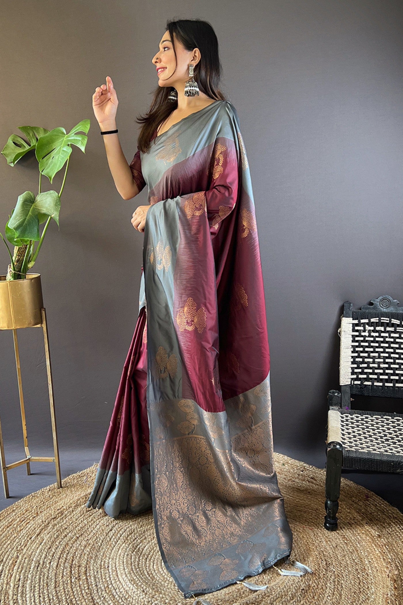 Buy MySilkLove Roman Coffee Brown Woven Banarasi Saree Online