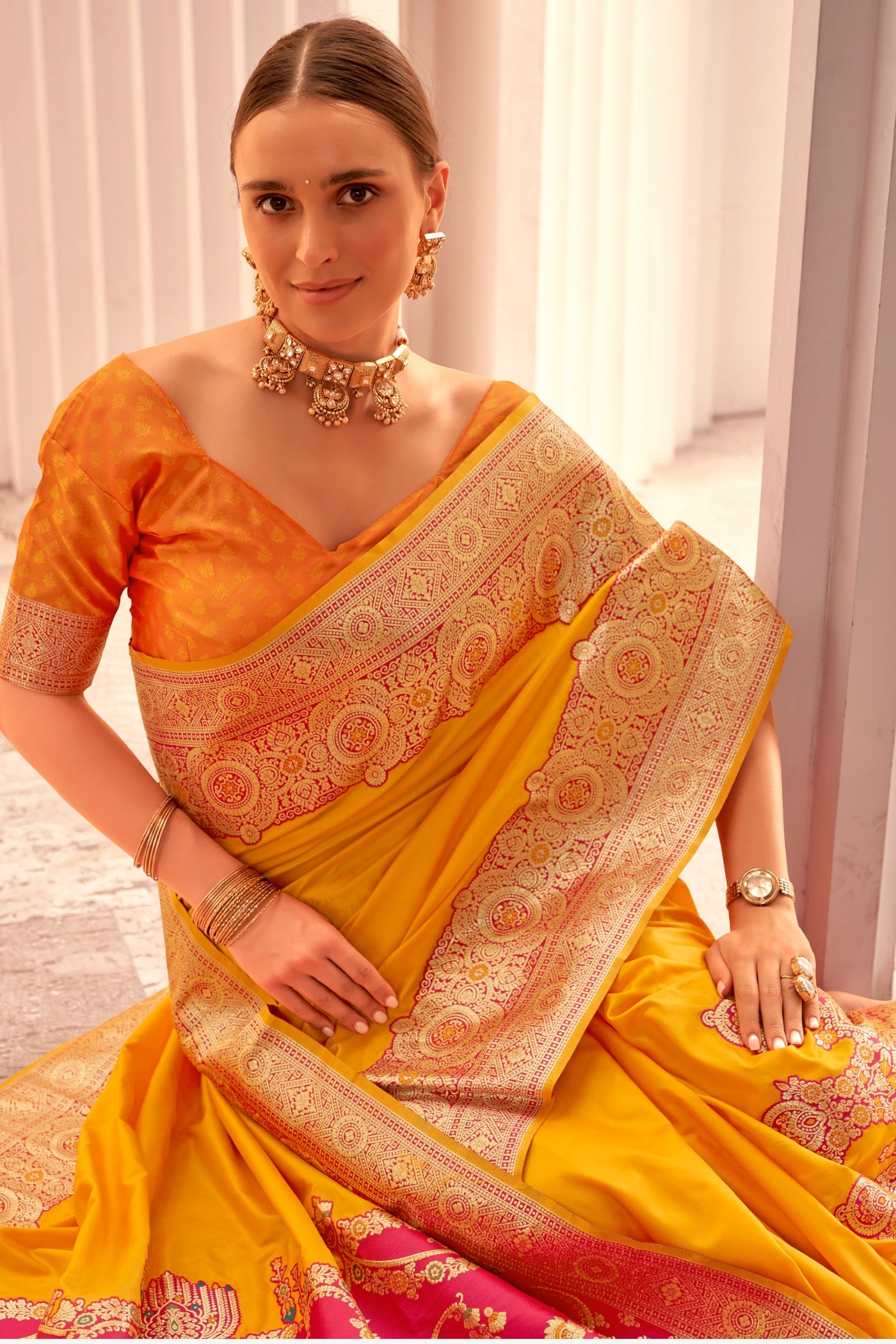MySilkLove Daisy Yellow Woven Banarasi Soft Silk Saree