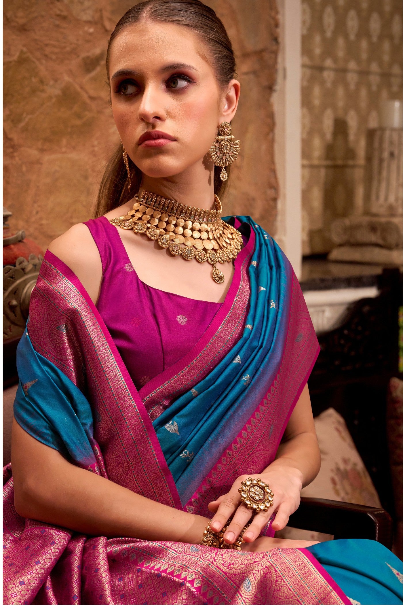 MySilkLove Neon Blue Woven Banarsi Saree