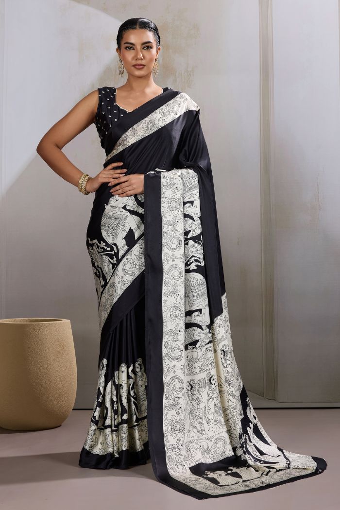 Buy MySilkLove Raven Black Modal Ajrakh Printed Satin Silk Saree Online