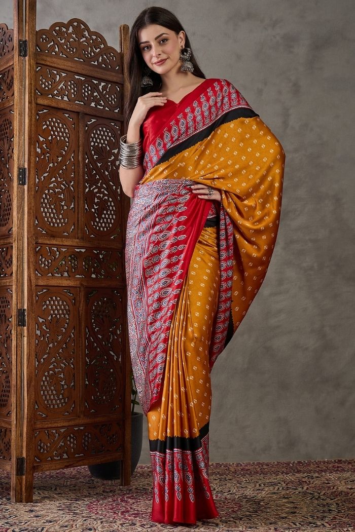 Buy MySilkLove Sunset Yellow and Red Ajrakh Printed Satin Gaji Silk Saree Online