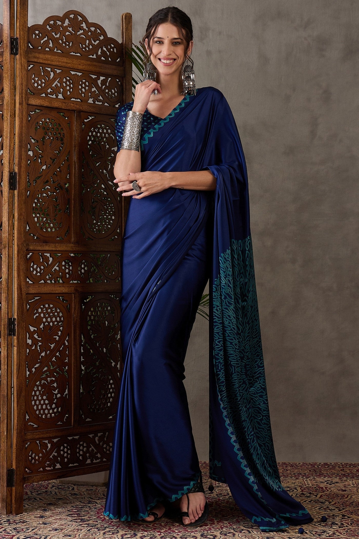 Buy MySilkLove Venice Blue Printed Satin Gaji Silk Saree Online