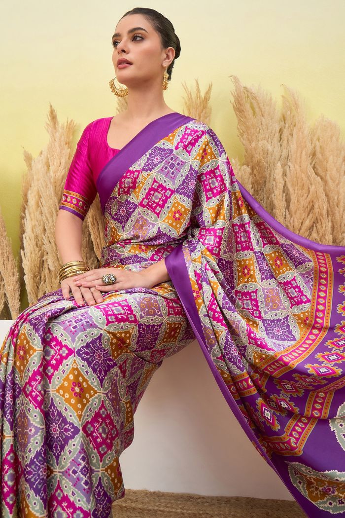 MySilkLove Periwinkle Purple Patola Printed Satin Crepe Silk Saree