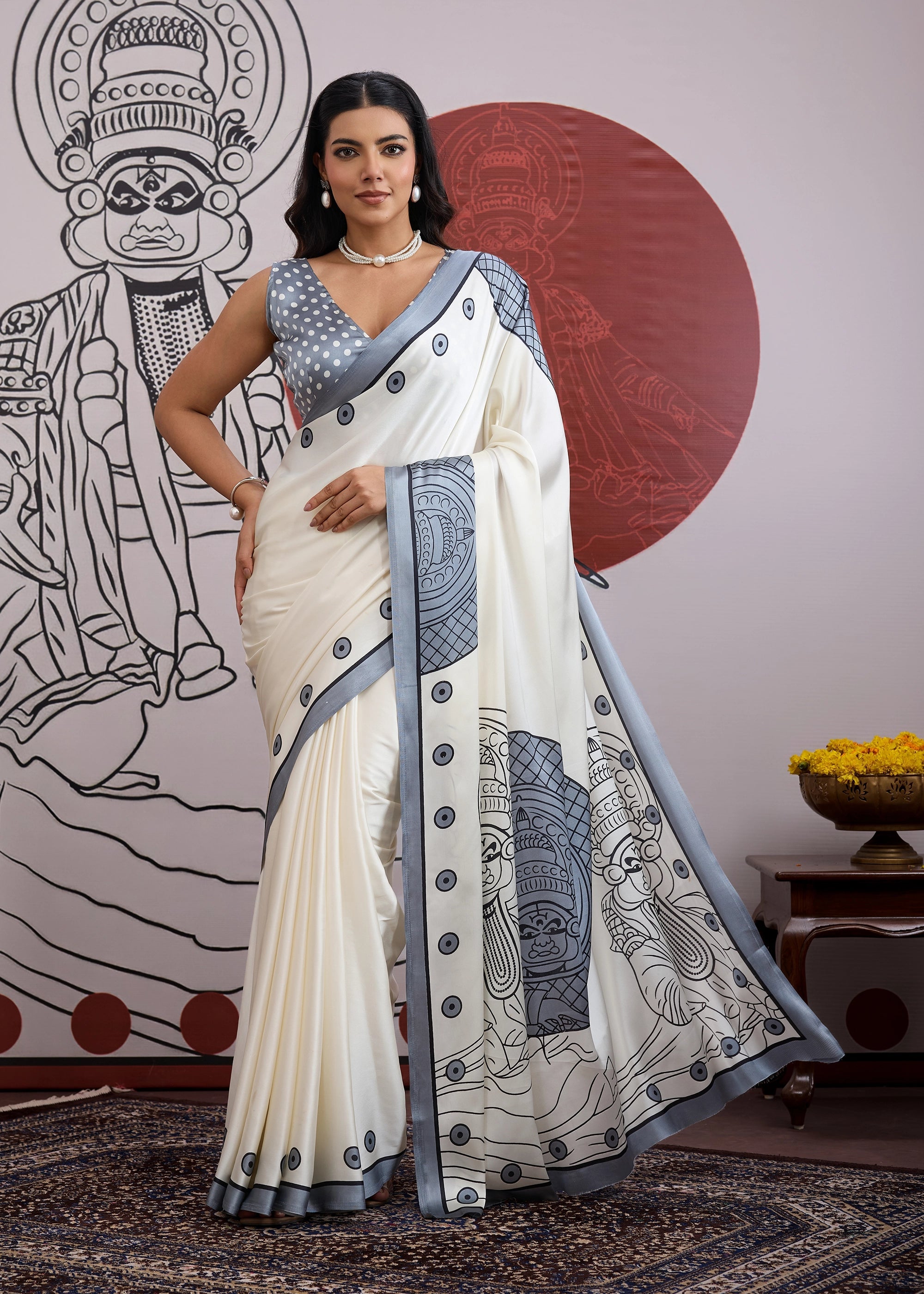 Buy MySilkLove Seal Grey and White Printed Satin Crepe Silk Saree Online