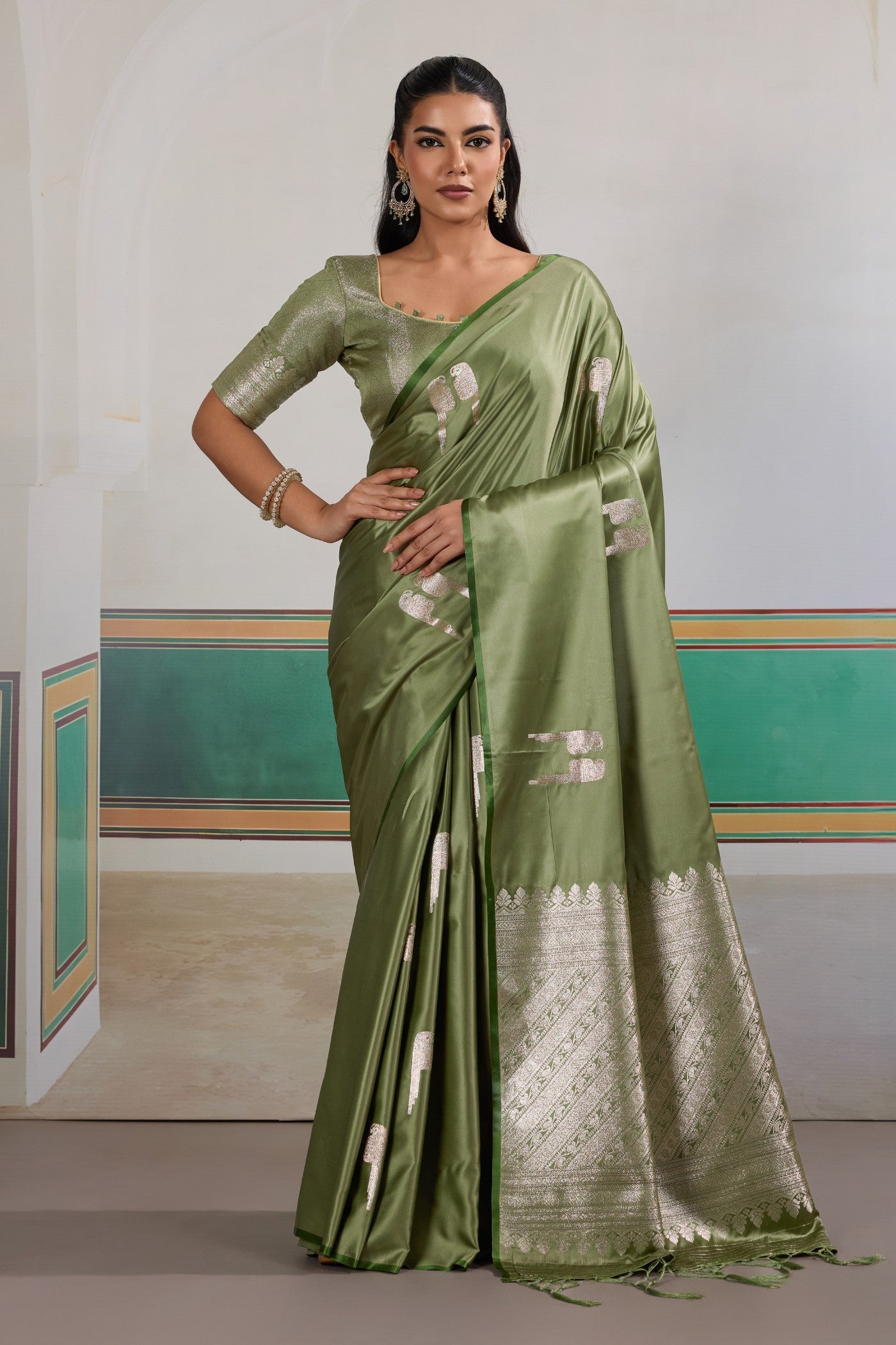 Buy MySilkLove Artichoke Green Handloom Satin Soft Silk Saree Online