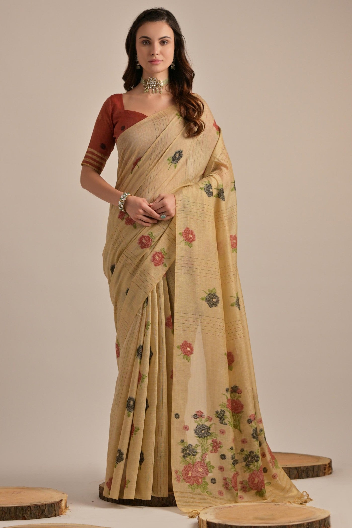 Buy MySilkLove Mustard Yellow Floral Woven Muga Cotton Saree Online