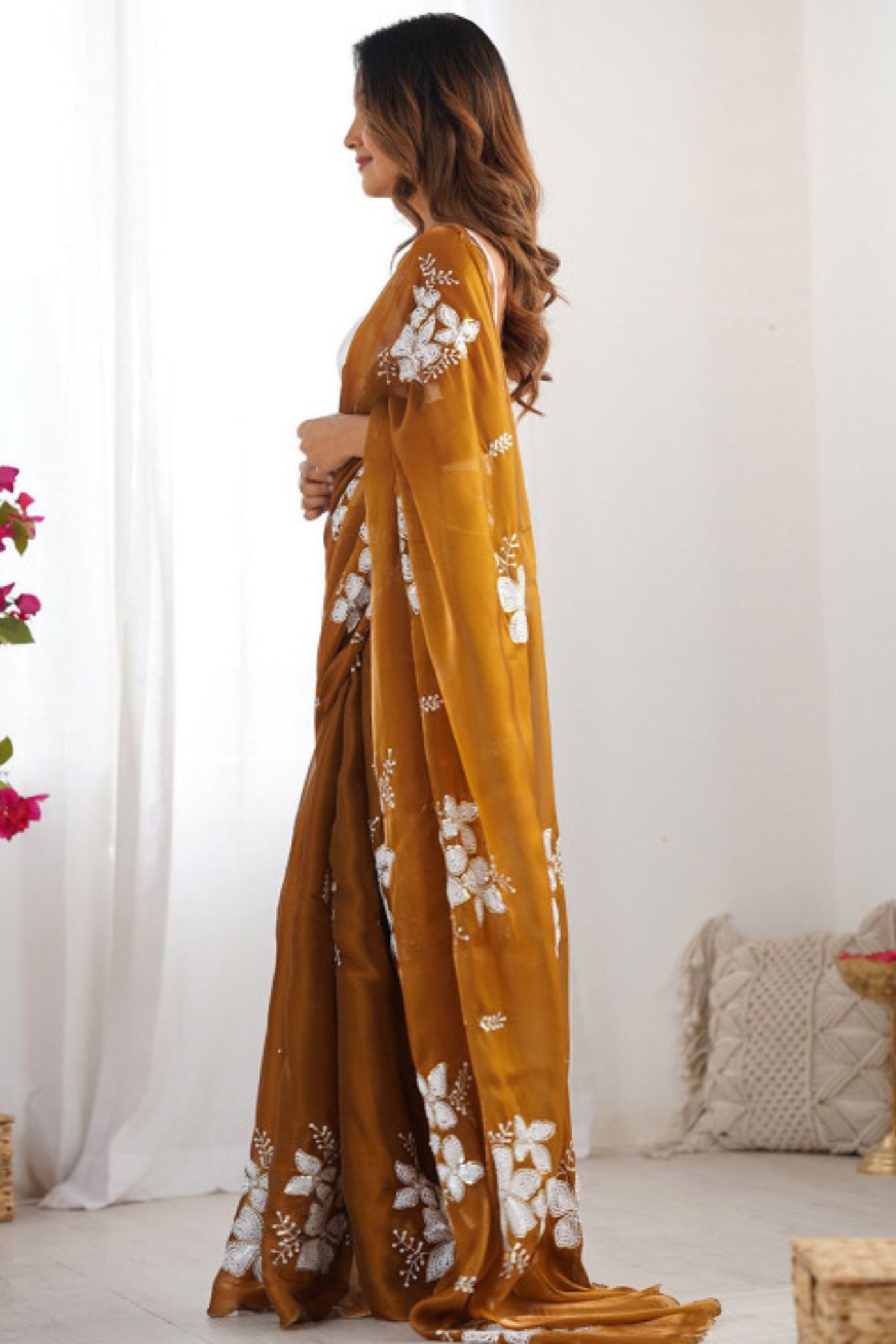 Buy MySilkLove Cognac Brown Floral Partywear Saree Online