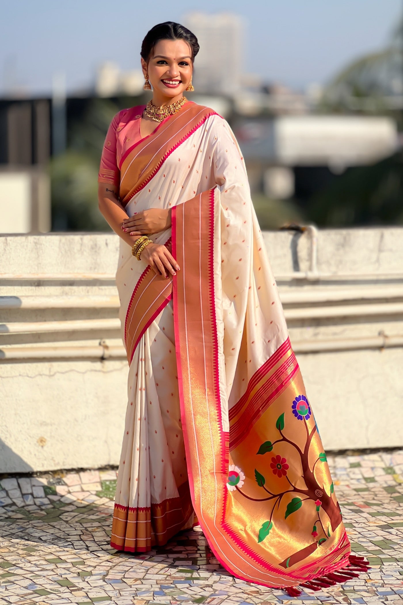 Buy MySilkLove Navajo White Zari Woven Paithani Saree Online
