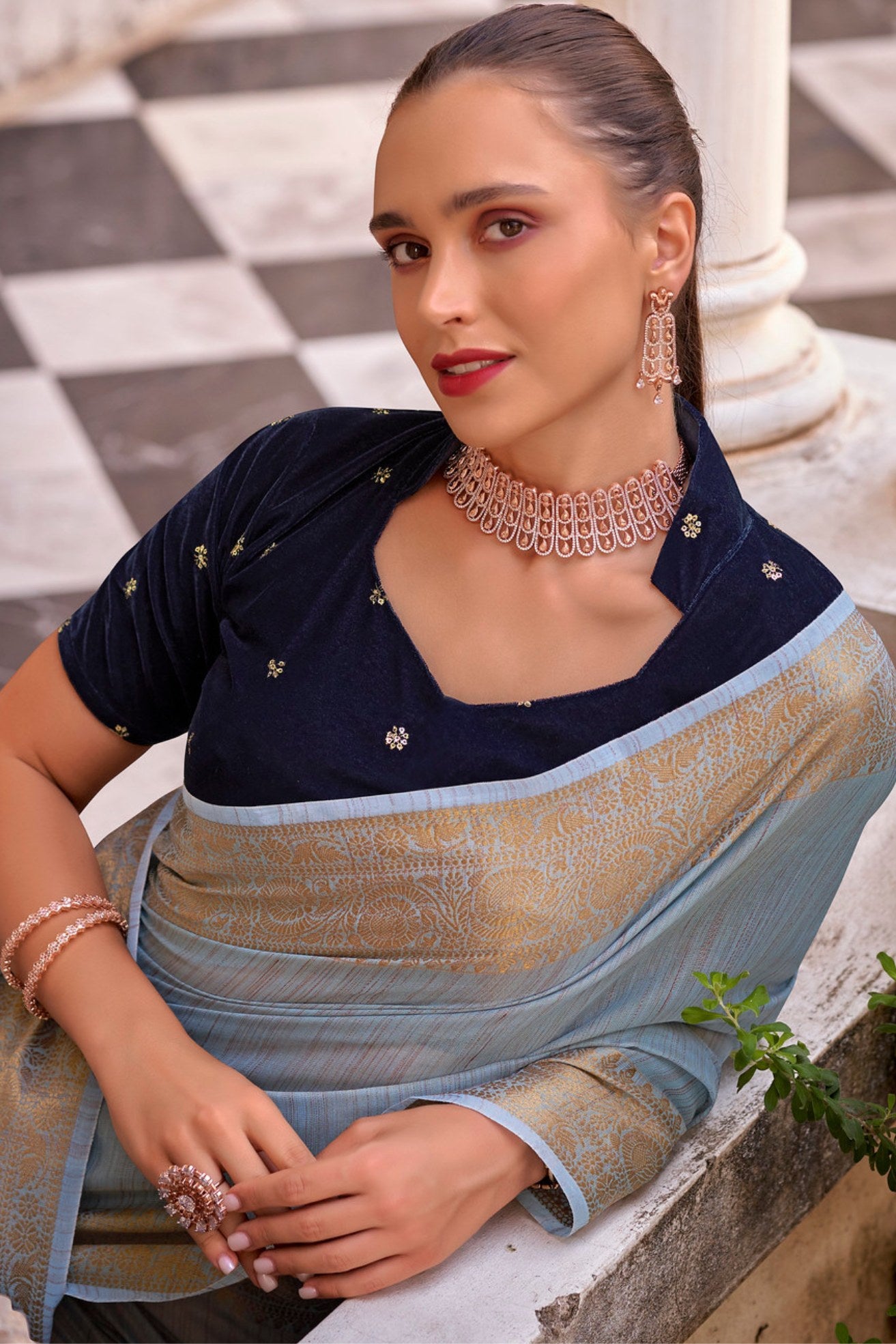 Buy MySilkLove Pale Sky Blue Zari Woven Linen Saree Online