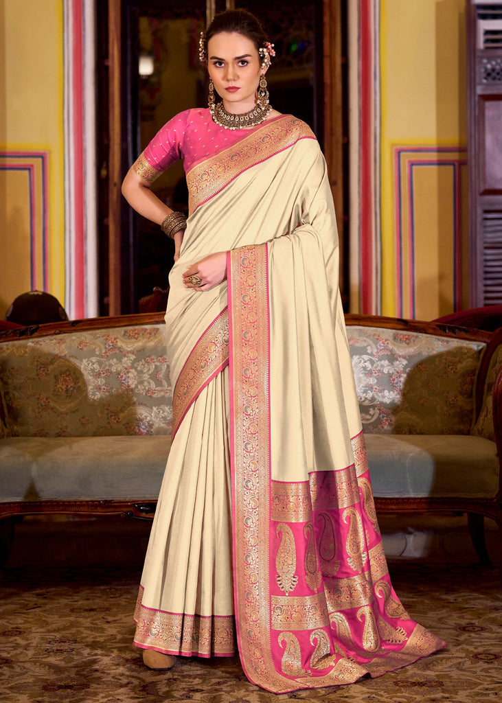 Buy MySilkLove Vanilla Cream Woven Banarasi Soft Silk Saree Online