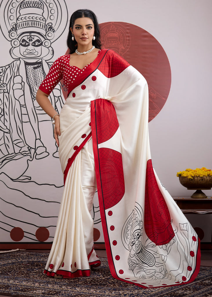 Buy MySilkLove Barn Red and White Printed Satin Crepe Silk Saree Online