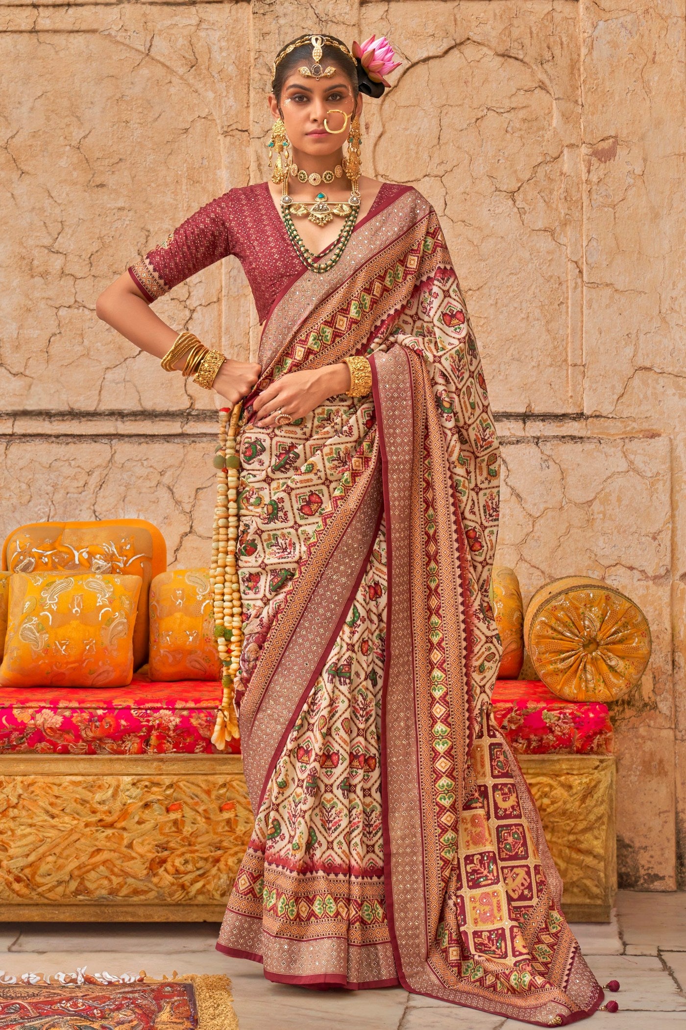 Buy MySilkLove Rice Cream Printed Patola Saree Online