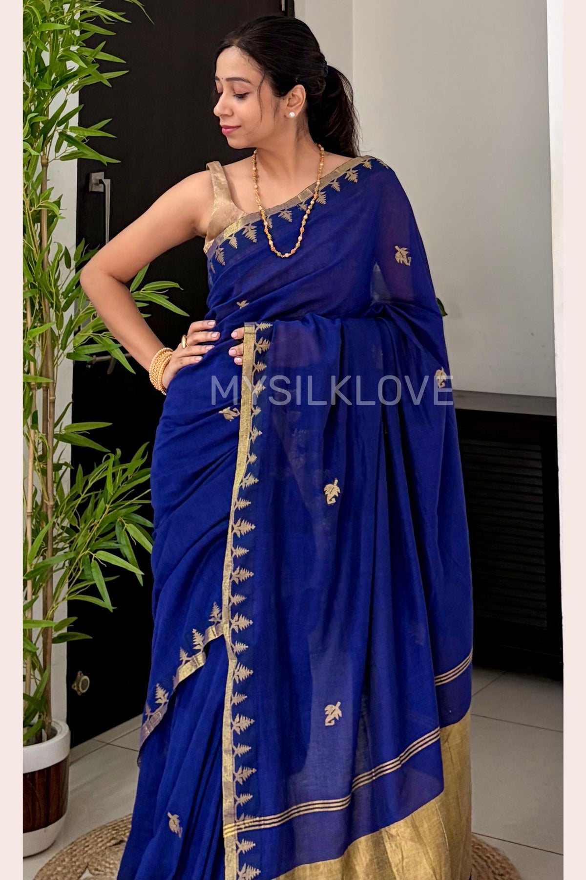 MySilkLove Capri Blue Mul Mul Cotton Zari Woven Saree Without Blouse