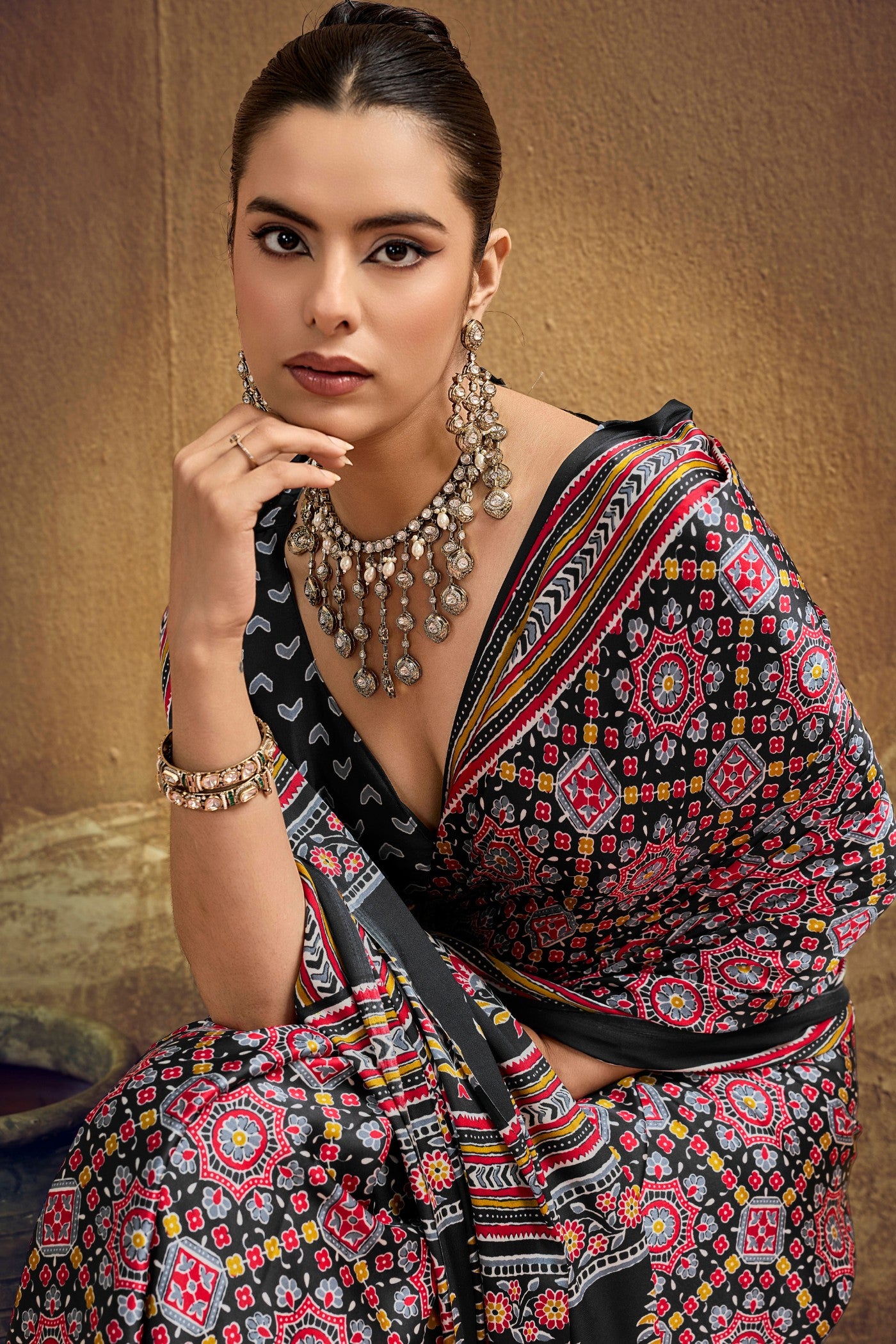 MySilkLove Mysterious Black Modal Ajrakh Satin Printed Silk Saree