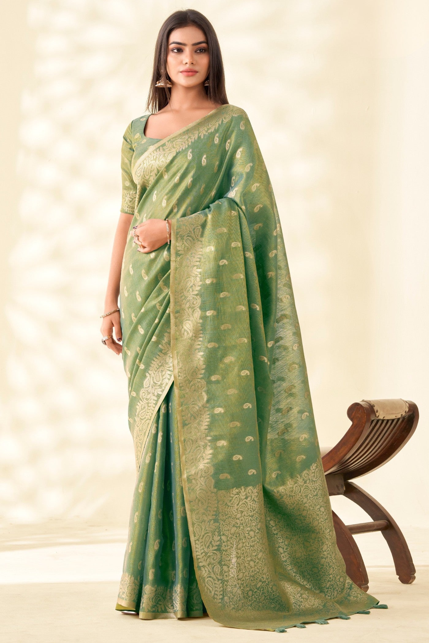 Buy MySilkLove Fern Green Woven Tissue Linen Saree Online