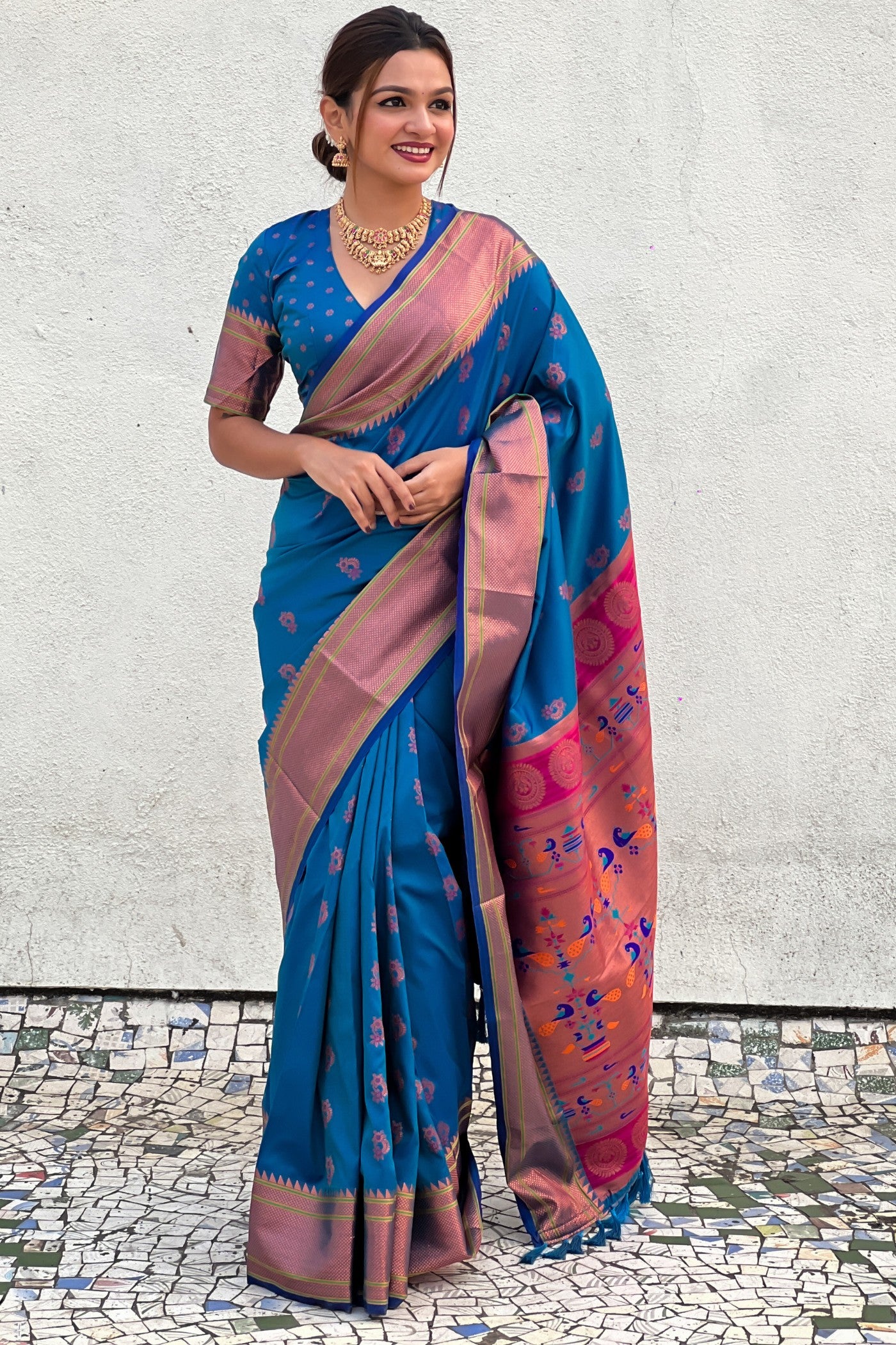 Buy MySilkLove Congress Blue Zari Woven Nath Paithani Saree Online