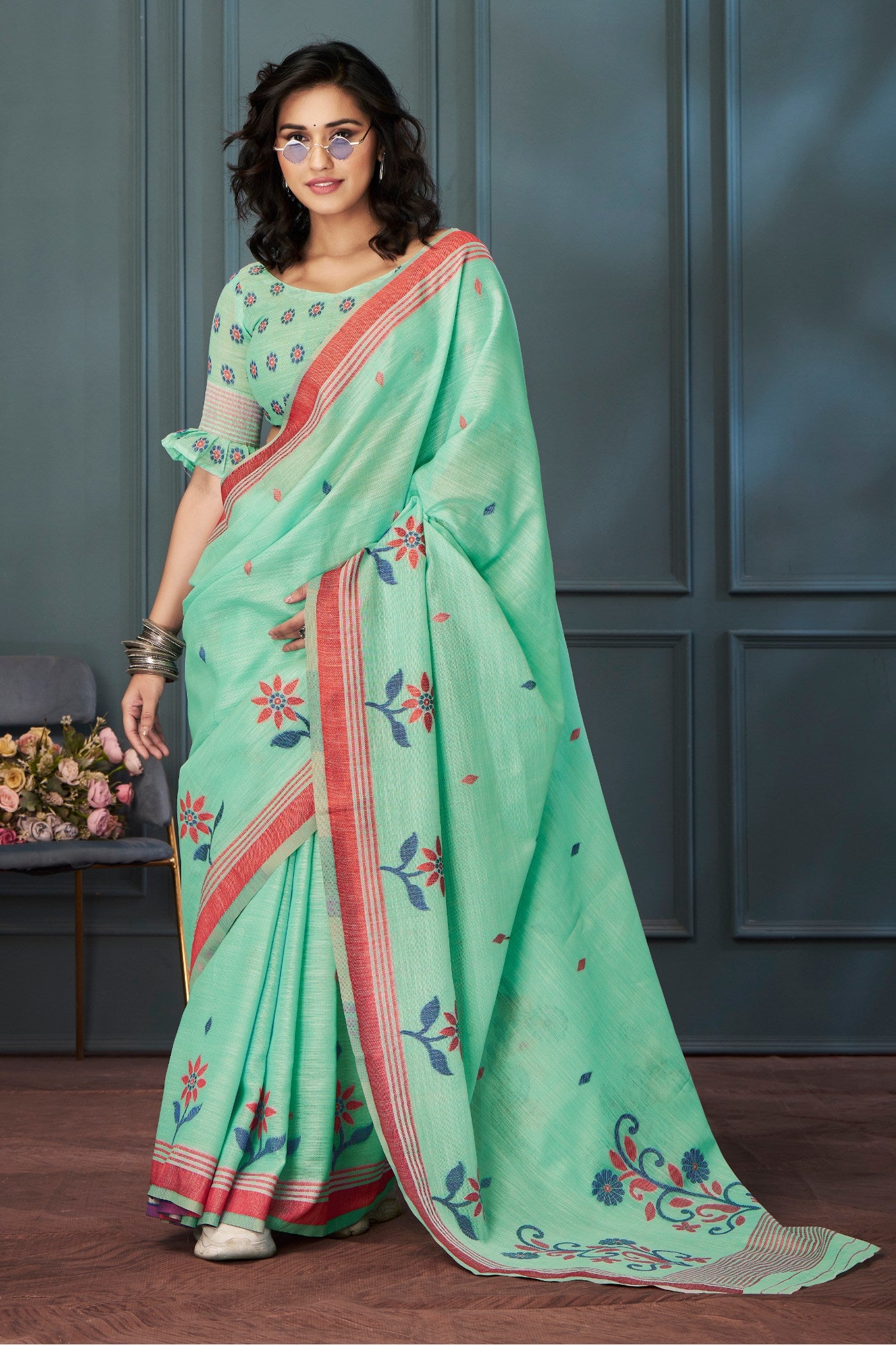 Buy MySilkLove Vista Green Handloom Linen Saree Online