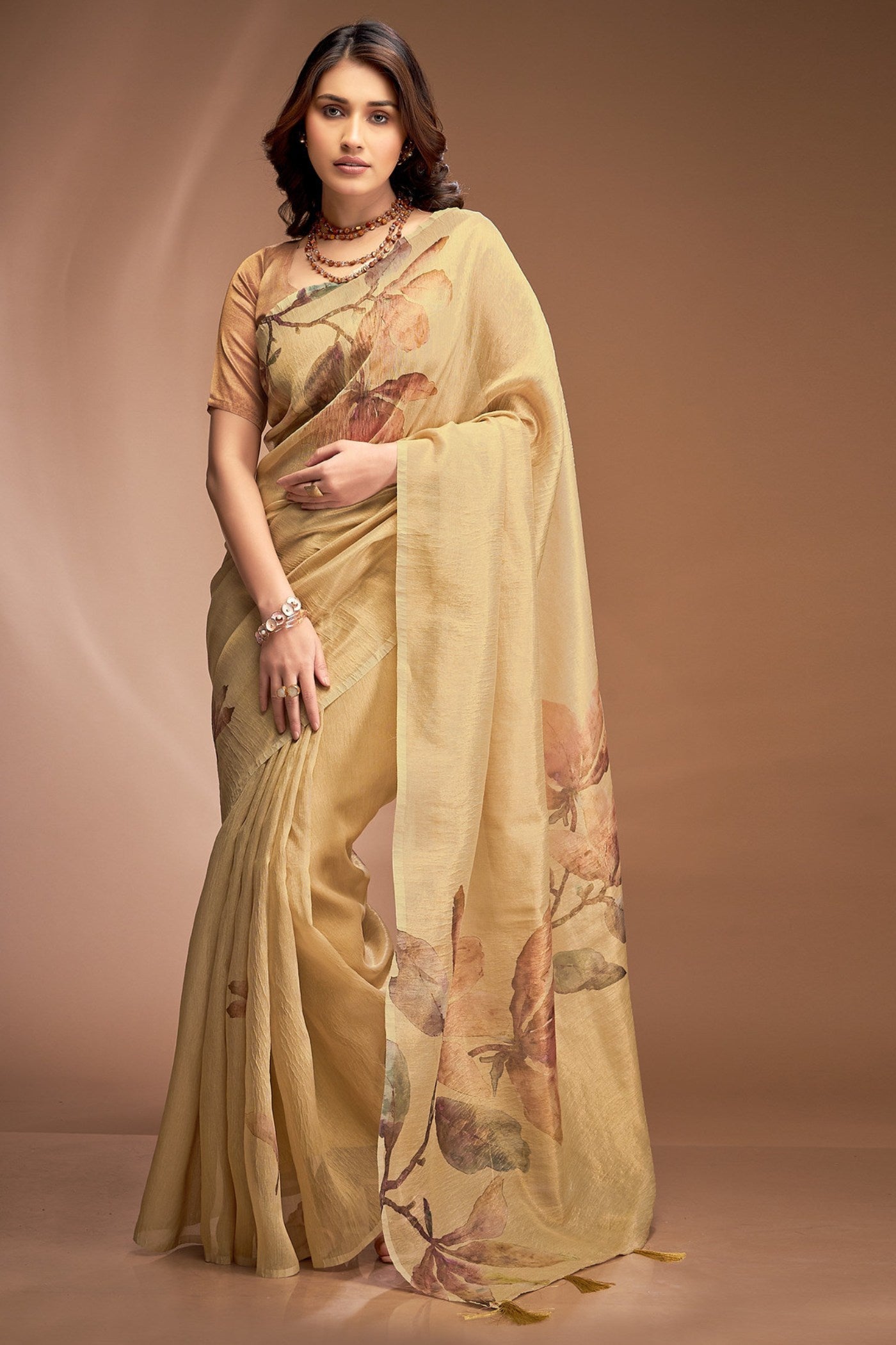 Buy MySilkLove Marigold Yellow Printed Tissue Saree Online