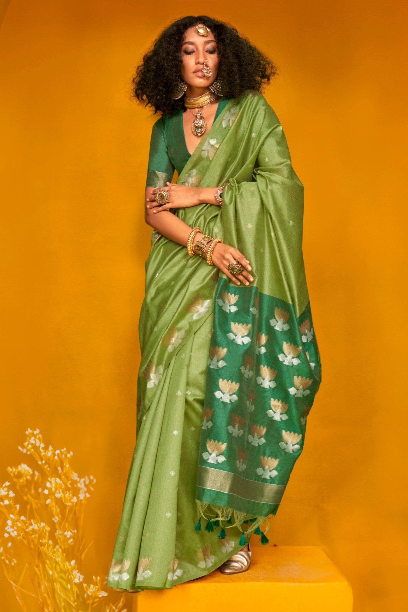 Buy MySilkLove Tree Green Tussar Handloom Silk Saree Online