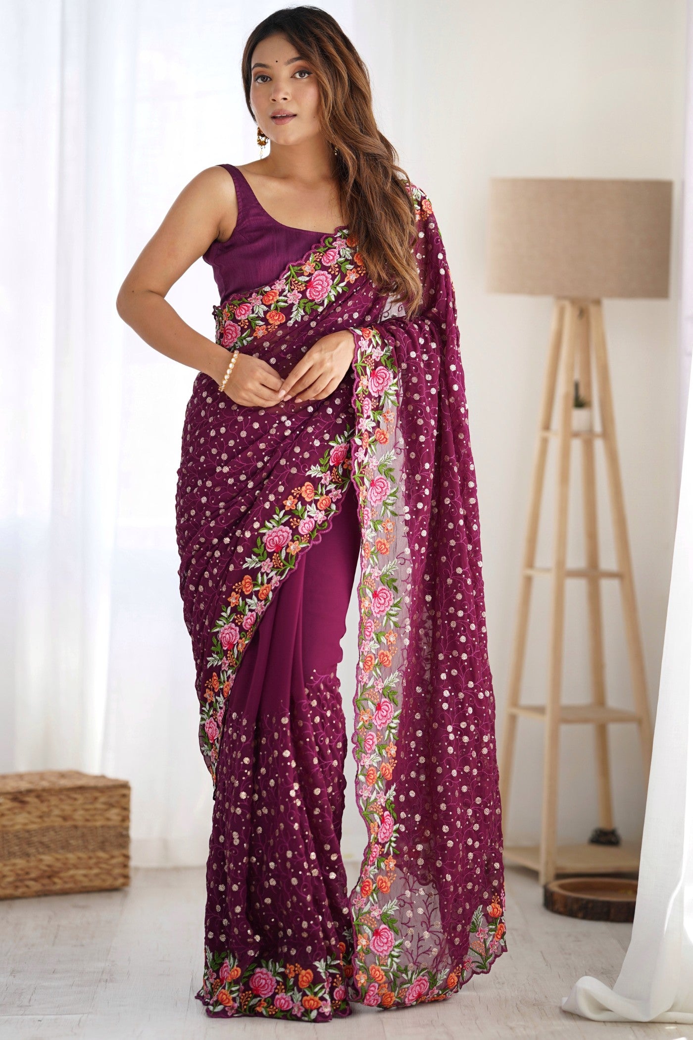 Buy MySilkLove Wine Purple Embroidered Georgette Saree Online